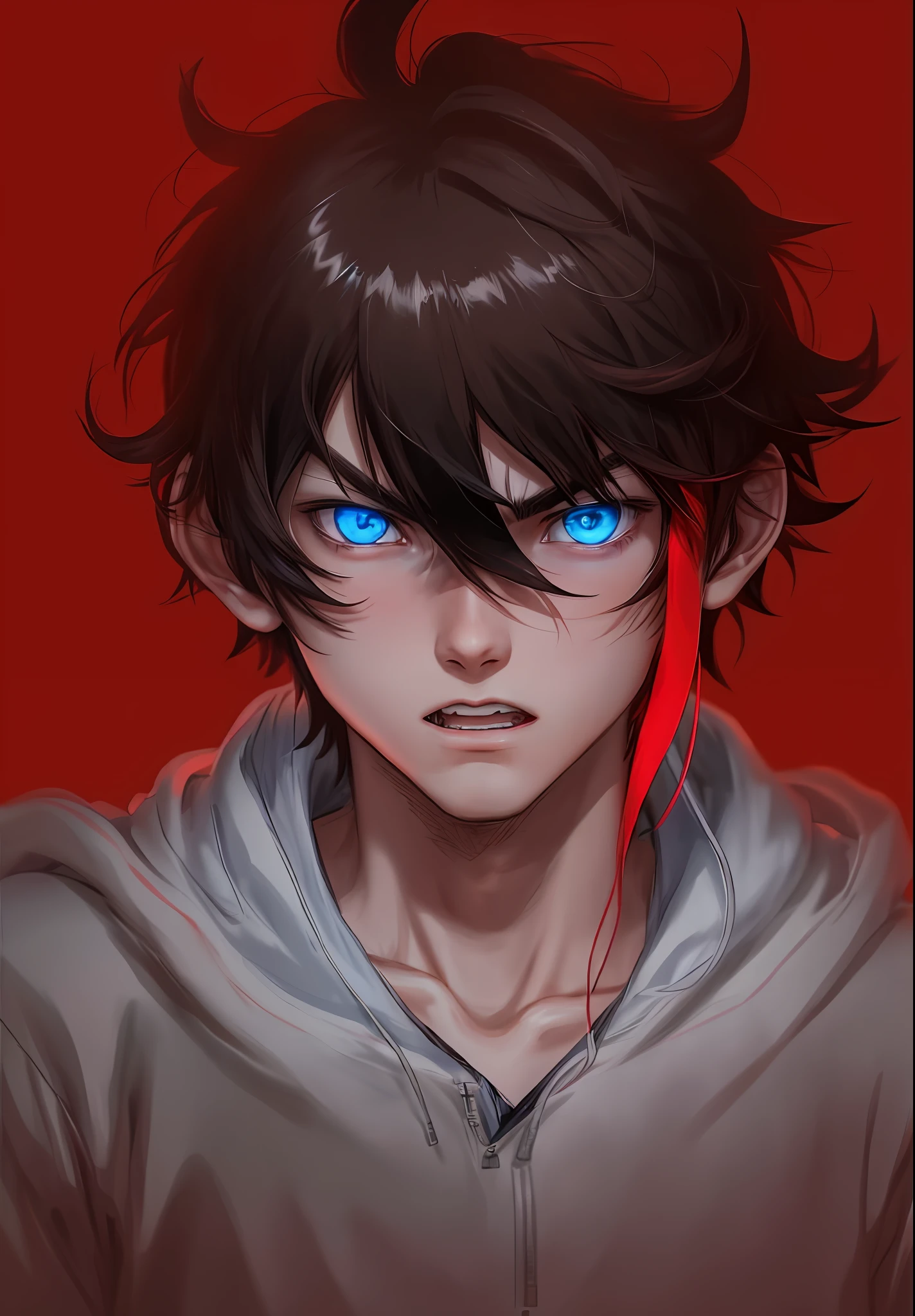 Anime boy, High resolution, blue glowing eyes, angry view, slightly open mouth, brown short hair with 1 red lock of hair on the left, white hoodie, upper body portrait