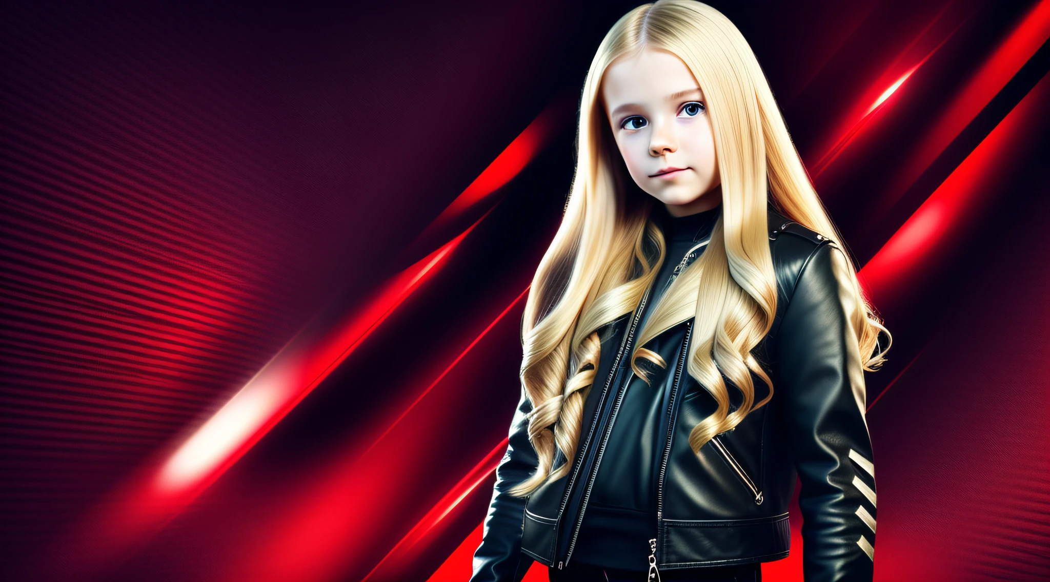 Russian style, girl , portrait, long blonde hair with red leather jacket and black clothing, background with amplifiers and guitars,. --auto --s2