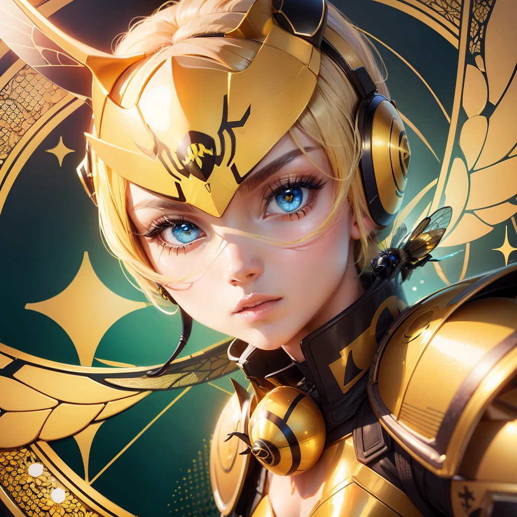 a golden emblem with a yellow wasp on it which has read eyes, blue background --auto --s2