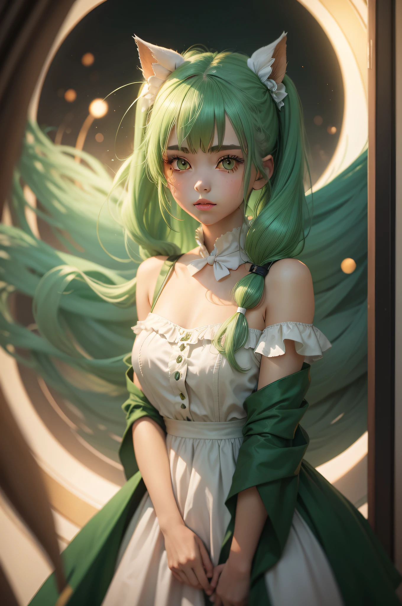 1 Girl, green hair, gold eyes, double ponytails, white dress, --auto --s2