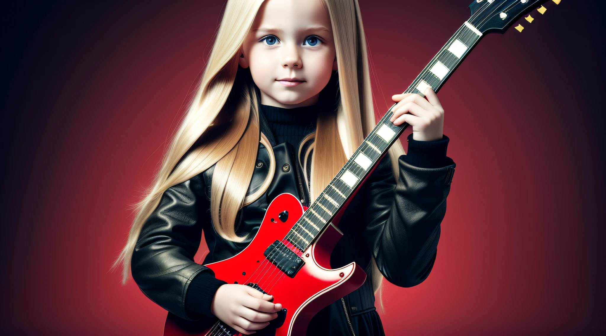 Russian style, girl children, portrait, long blonde hair with red leather jacket and black clothing, background with amplifiers and guitars,. --auto --s2