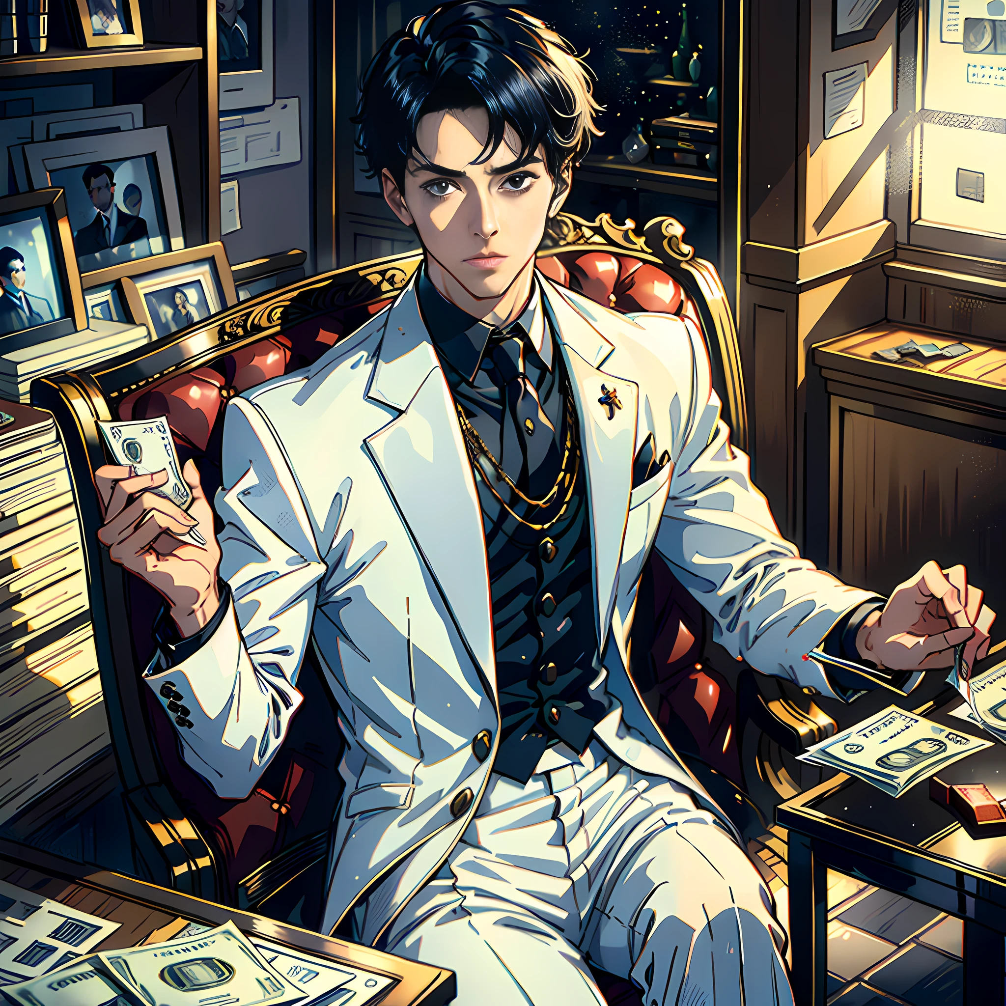 Inside the room, a handsome boy, white suit, money floating in the air, money in his hand, there is a table full of money, short black hair, facial hyper-detailed, frontal, highly real, 4K, chiaroscuro, ultra-high-detailed