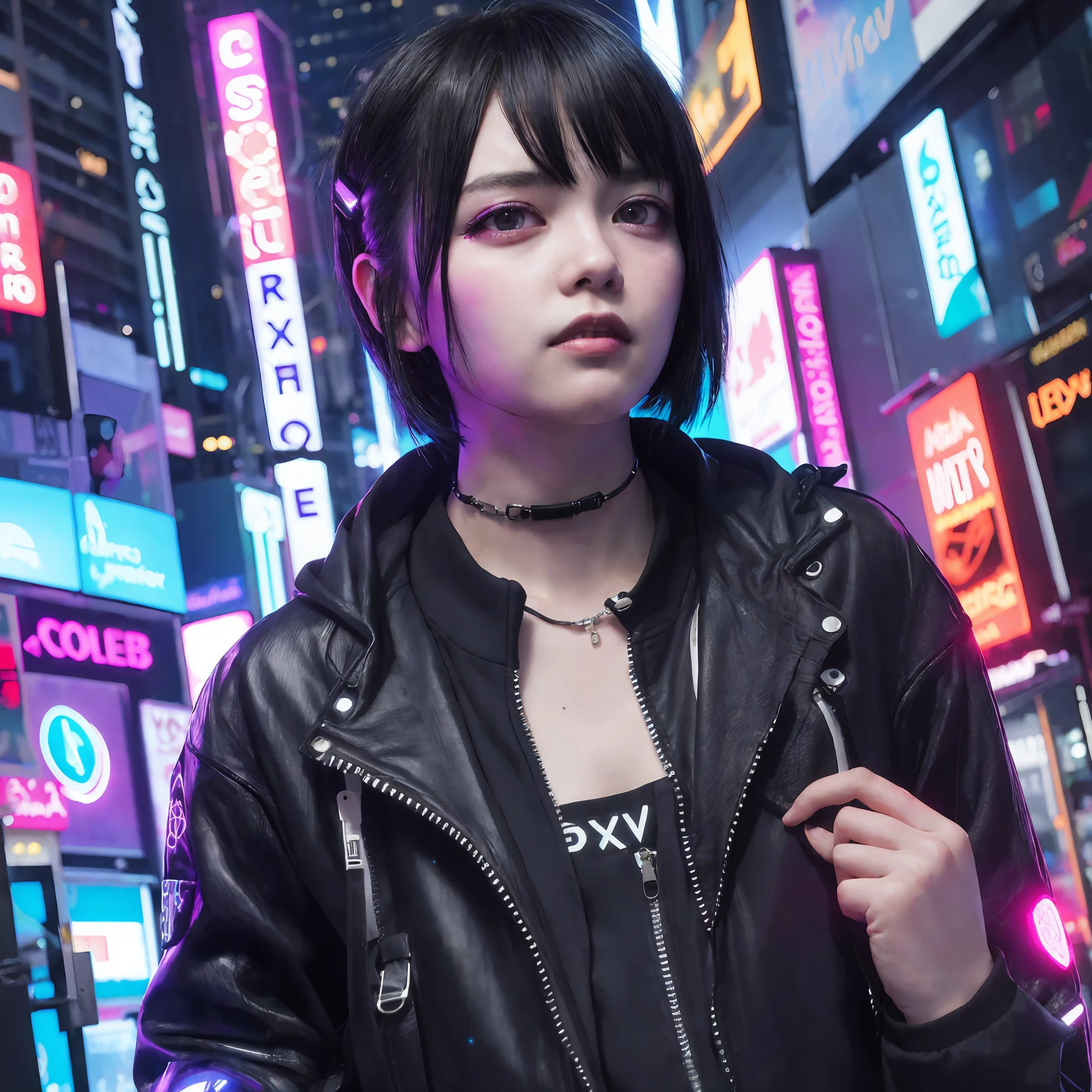 1girl, black eyes, black hair, cyberpunk, night, neon light