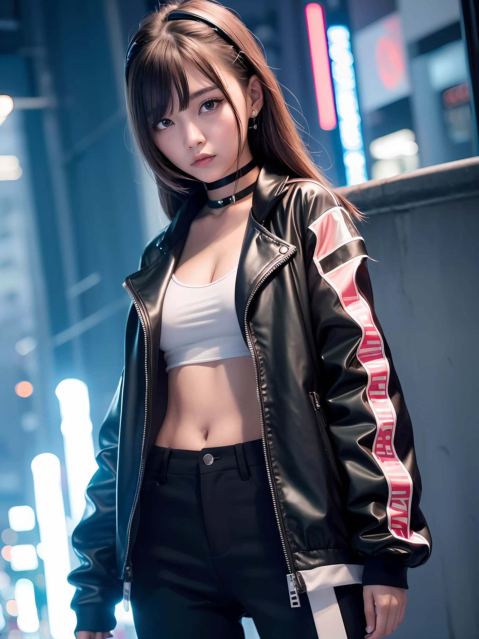 1girl, YuraS, (masterpiece), best quality, ultra high res, beautiful clean face, wearing techwear jacket and black trousers with buckle and tape, night time view, cyberpunk style, neon lights,