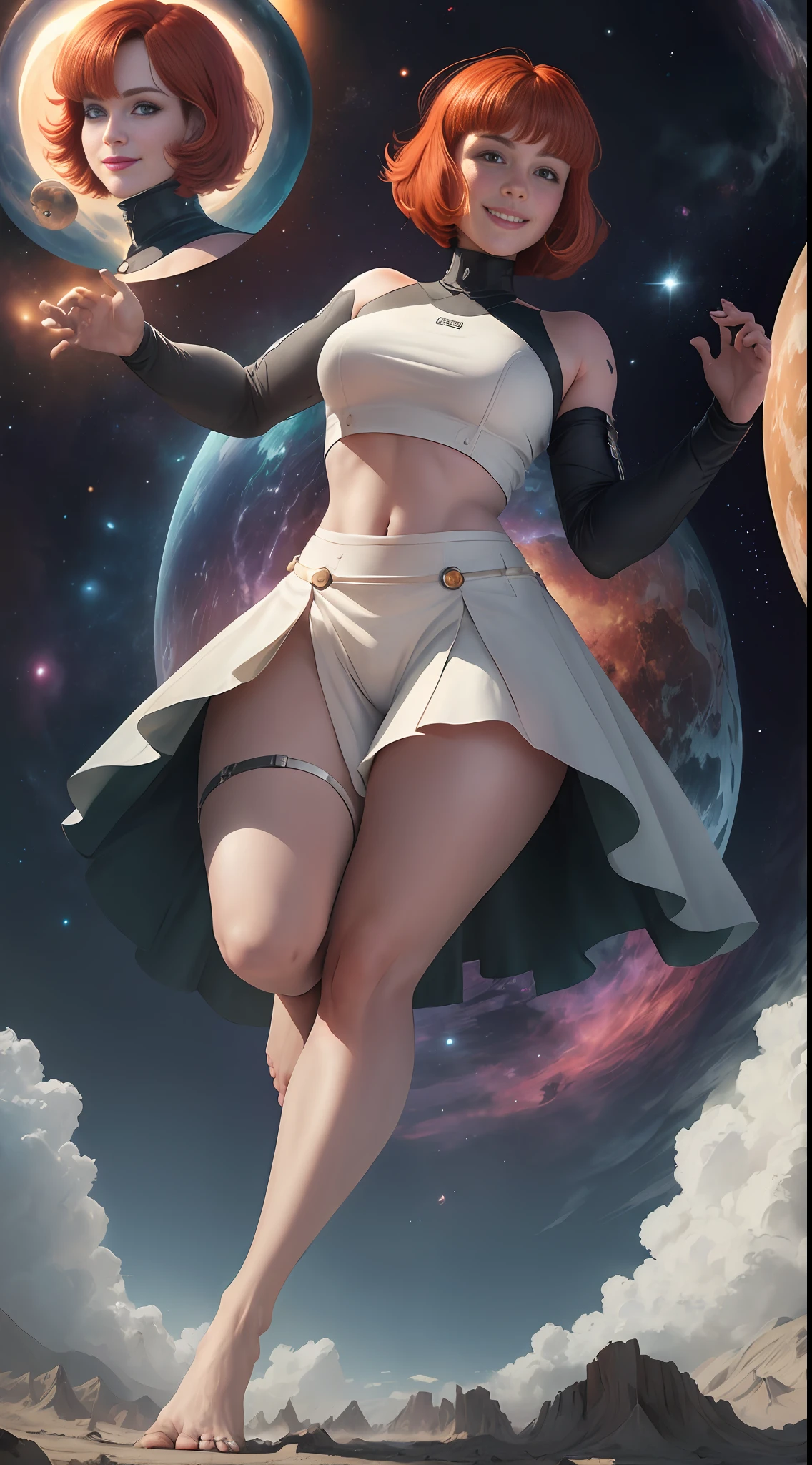 (((Towering over you)))), giant woman with provocative crop top, red hair, smiling badly, standing on a planet in space with her whole body in sight, barefoot, no shoes, exposed feet, soles stepping on camera, white colored clothes, planets, short hair, bob hair with bangs