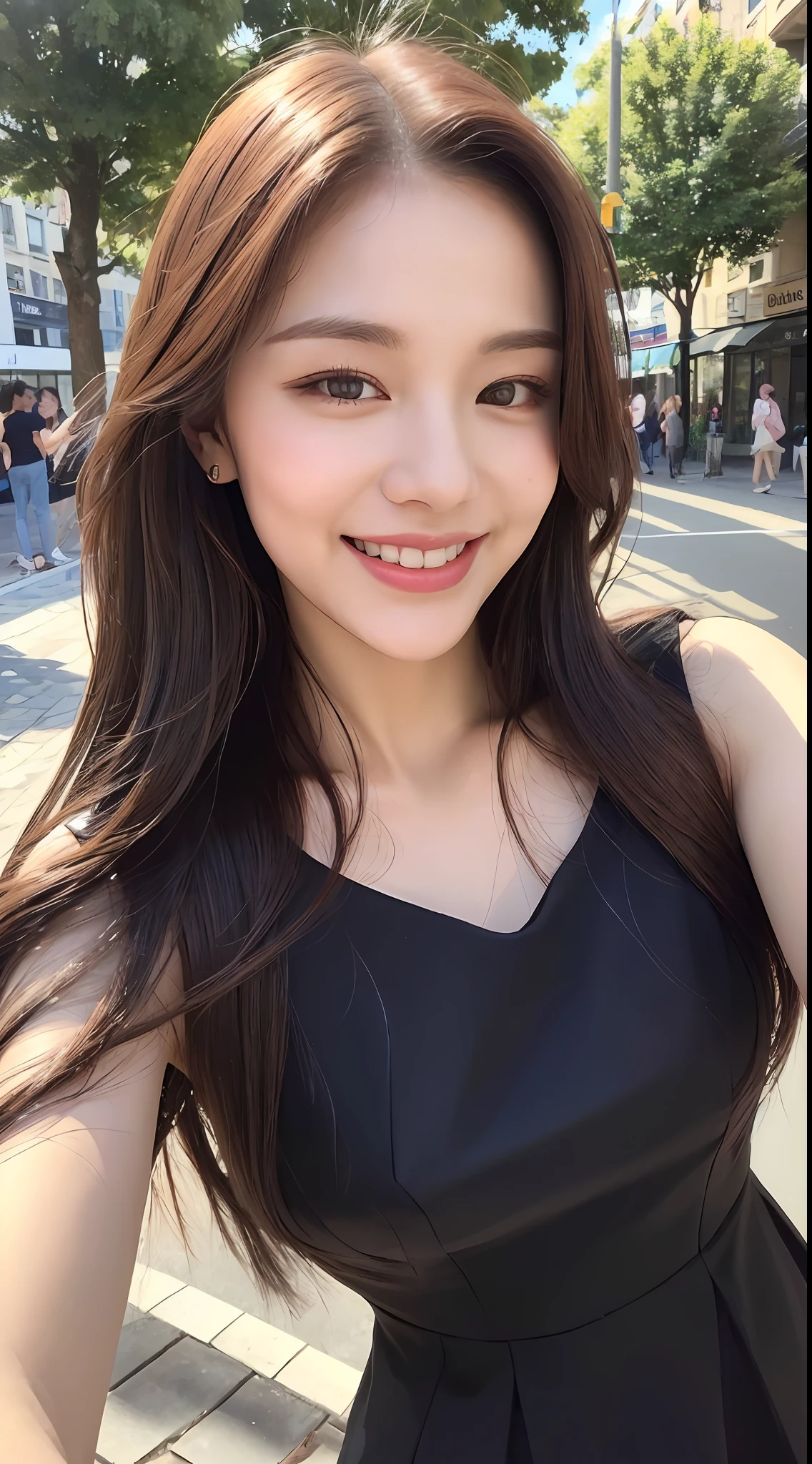 ((Best quality, 8k, Masterpiece :1.3)), 1girl, taking selfie, closeup, smiling, slim face, Pretty woman, (Dark brown hair), full length dress :1.1, Ultra-detailed face, Detailed eyes, Double eyelid, blur background, slim face, city, outside, street, sunny, sky, Nature