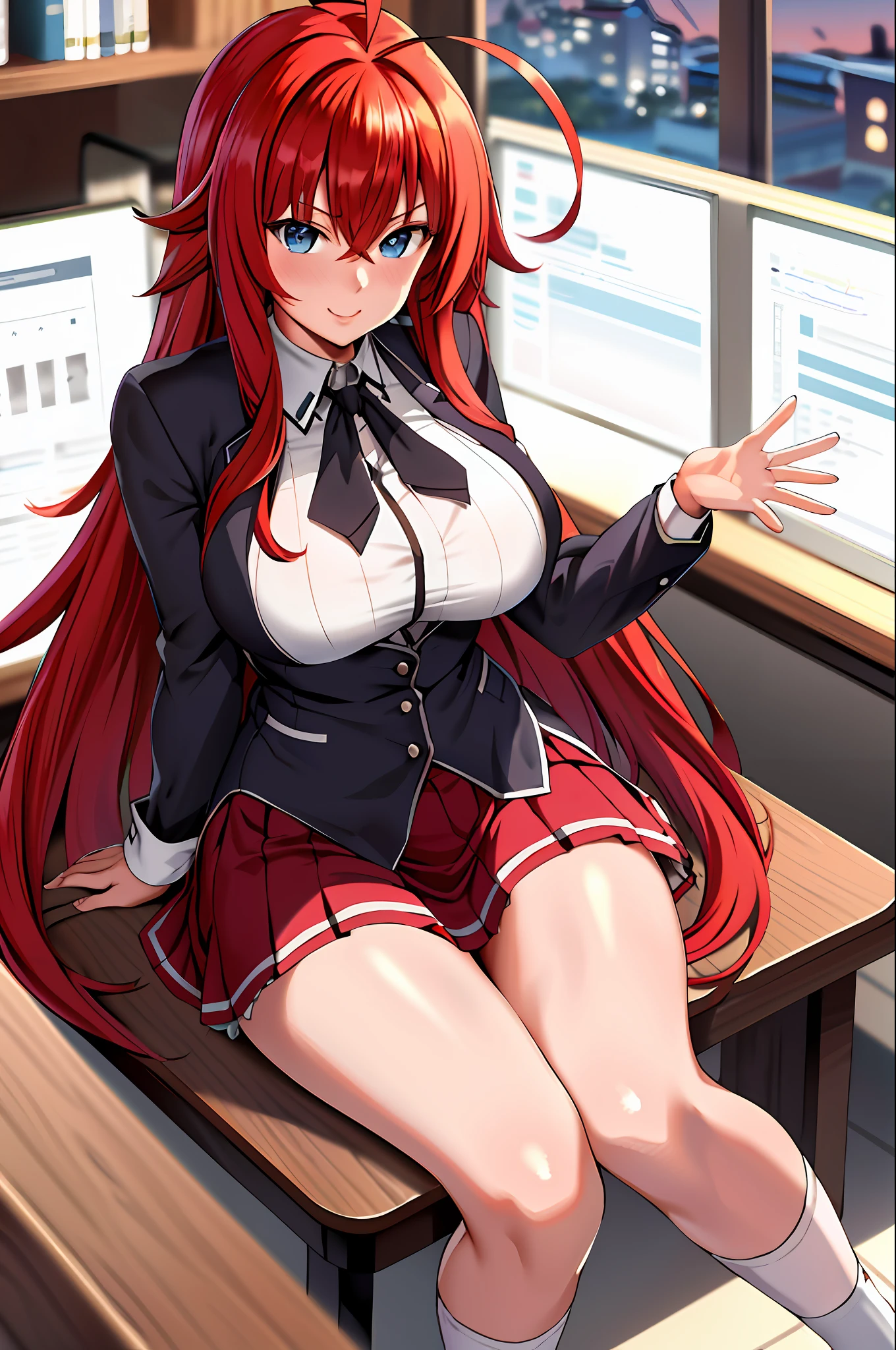 masterpiece, best quality, highres, best quality, highres, rias gremory, 1girl, long hair, school uniform, red hair, ahoge, blue eyes, large breasts, very long hair, breasts, skirt, huge ahoge, socks, sitting, office, chair, desk, computer,