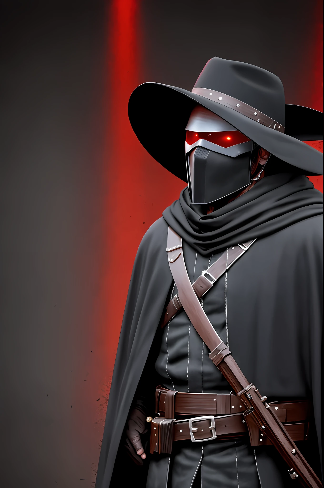 Cowboy, black cloak, black hat, black gang on, bounty hunter, rifle in hand, man gallows in the background, black mask, face not visible, red glowing eyes, gray skin