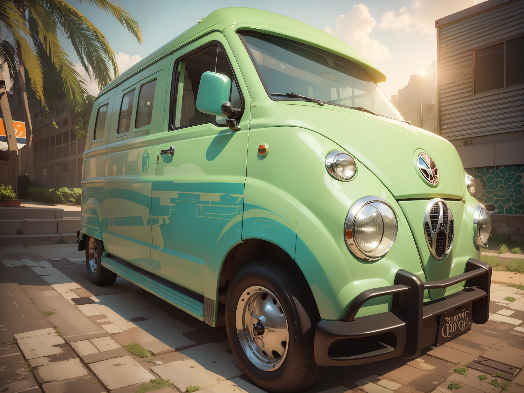 The body of the Wagen Van is mainly painted by Gardenia, and the entire side of the Wagen Van is colorfully painted with graphic illustrations inspired by Times Square in American Pop Art. Delicate Details, Detailed Background, Delicate Drawing, High Quality, High Quality, High Resolution, 8K, Masterpiece --auto --s2