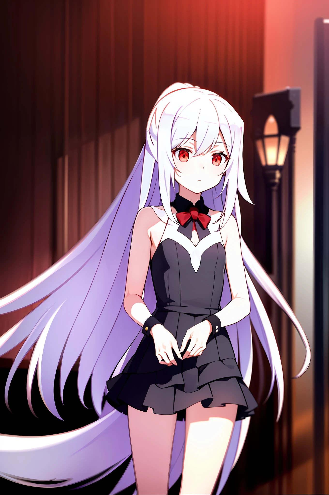 (Masterpiece, Best Quality, High Resolution: 1.2), 1 girl, long hair, solo, red eyes, ahog, wearing a short student skirt, white hair, sitting on a bench looking ahead