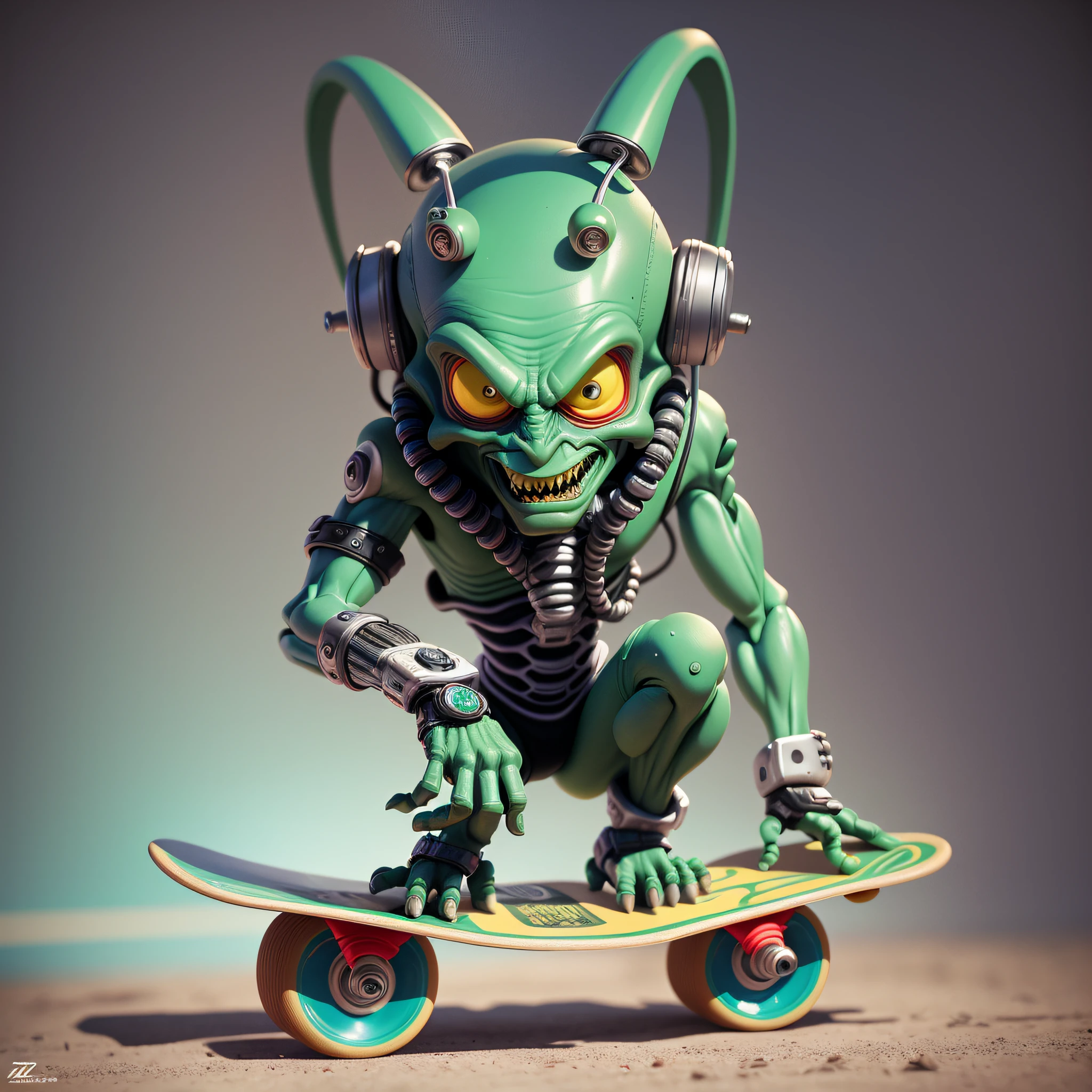 There is a toy alien riding a skateboard with headphones, Rolands Zilvinskis 3D render art, cute monster skateboard, airbrush render, colorful zbrush render, goblin green, zbrush contest winner, 3d render stylized, zbrush 3d render, rendered in zbrush, the green goblin, goblin, 3 d character render skateboard 4 wheels
