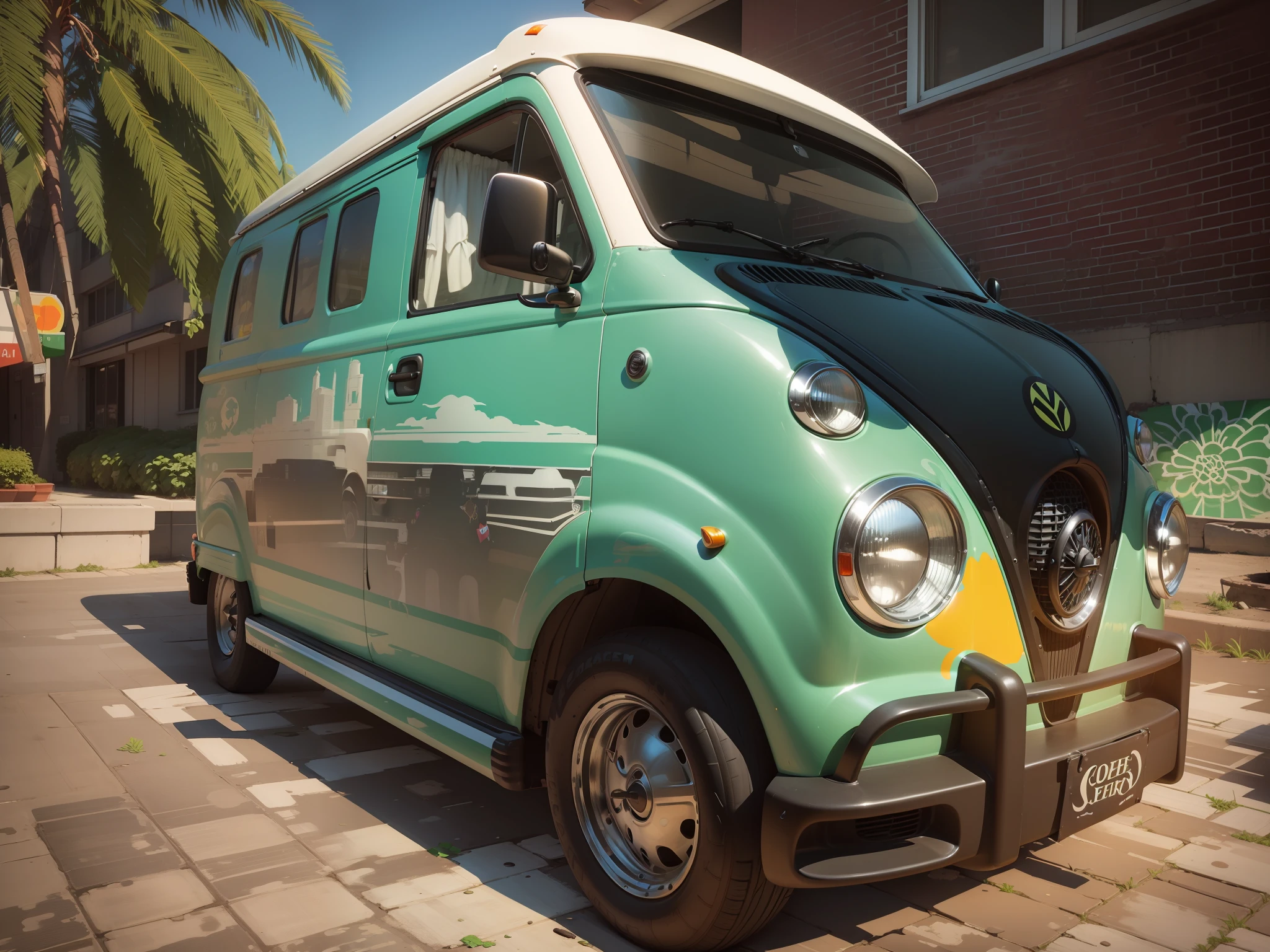 The body of the Wagen Van is mainly painted by Gardenia, and the entire side of the Wagen Van is colorfully painted with graphic illustrations inspired by Times Square in American Pop Art. Delicate Details, Detailed Background, Delicate Drawing, High Quality, High Quality, High Resolution, 8K, Masterpiece --auto --s2