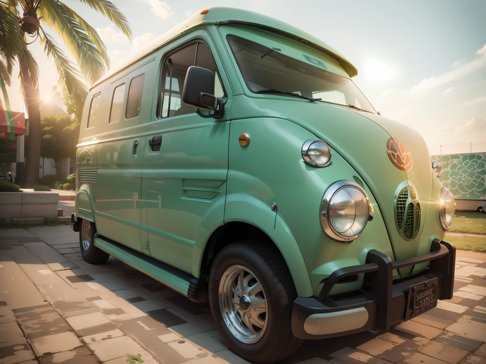 The body of the Wagen Van is mainly painted by Gardenia, and the entire side of the Wagen Van is colorfully painted with graphic illustrations inspired by Times Square in American Pop Art. Delicate Details, Detailed Background, Delicate Drawing, High Quality, High Quality, High Resolution, 8K, Masterpiece --auto --s2