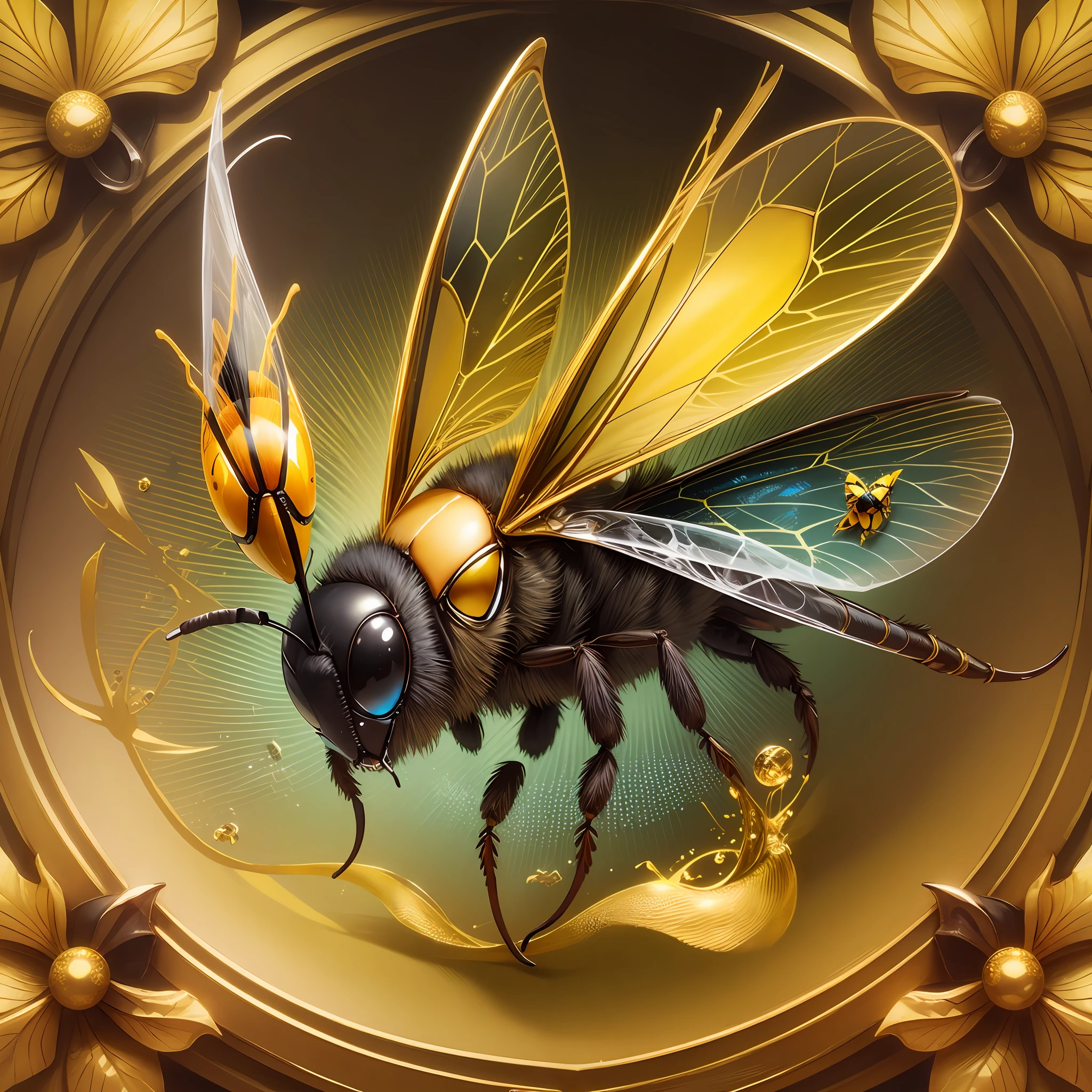 a golden emblem with a yellow wasp on it which has read eyes, blue background --auto --s2