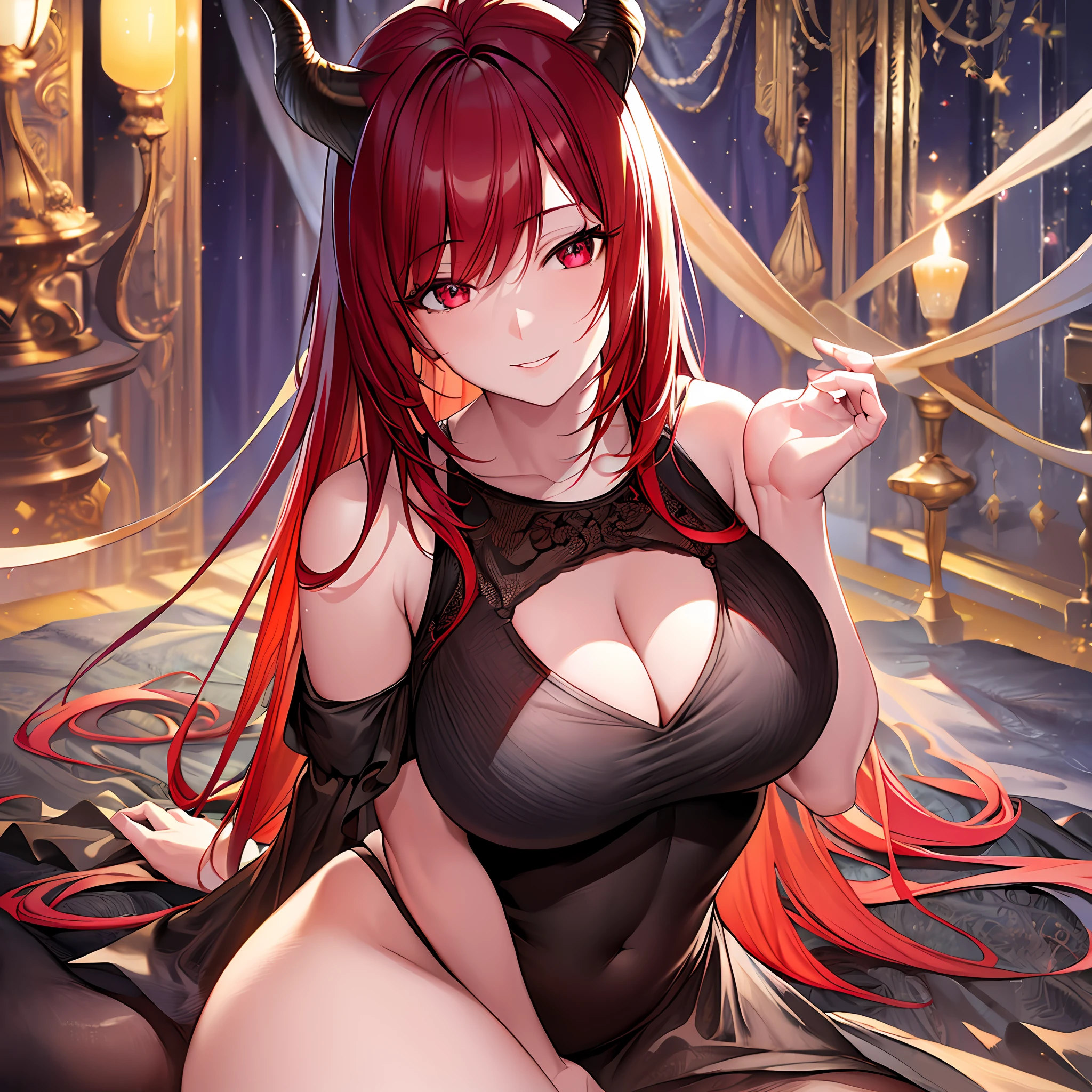(8k, RAW Photo, Best Quality, Masterpiece:1.2), Ultra Detail, Super Resolution, (Realistic, Realistic Photo:1.37), Portrait, High Detail RAW Color Photo, Professional Photo, Extremely Detailed and Beautiful, Extremely detailed, 8k wallpaper, amazing and detailed, huge file size, official art, highly detailed CG unity 8k wallpaper, highly detailed beautiful girl, highly detailed face, highly detailed eyes, highly detailed skin, highly detailed fingers, highly detailed nose, very detailed detailed mouth , perfect anatomy, highly detailed background, highly detailed clothes, 1girl, (20:1.2), smiling, birthday gift, red hair, red eyes, black dress, horn fallen angel