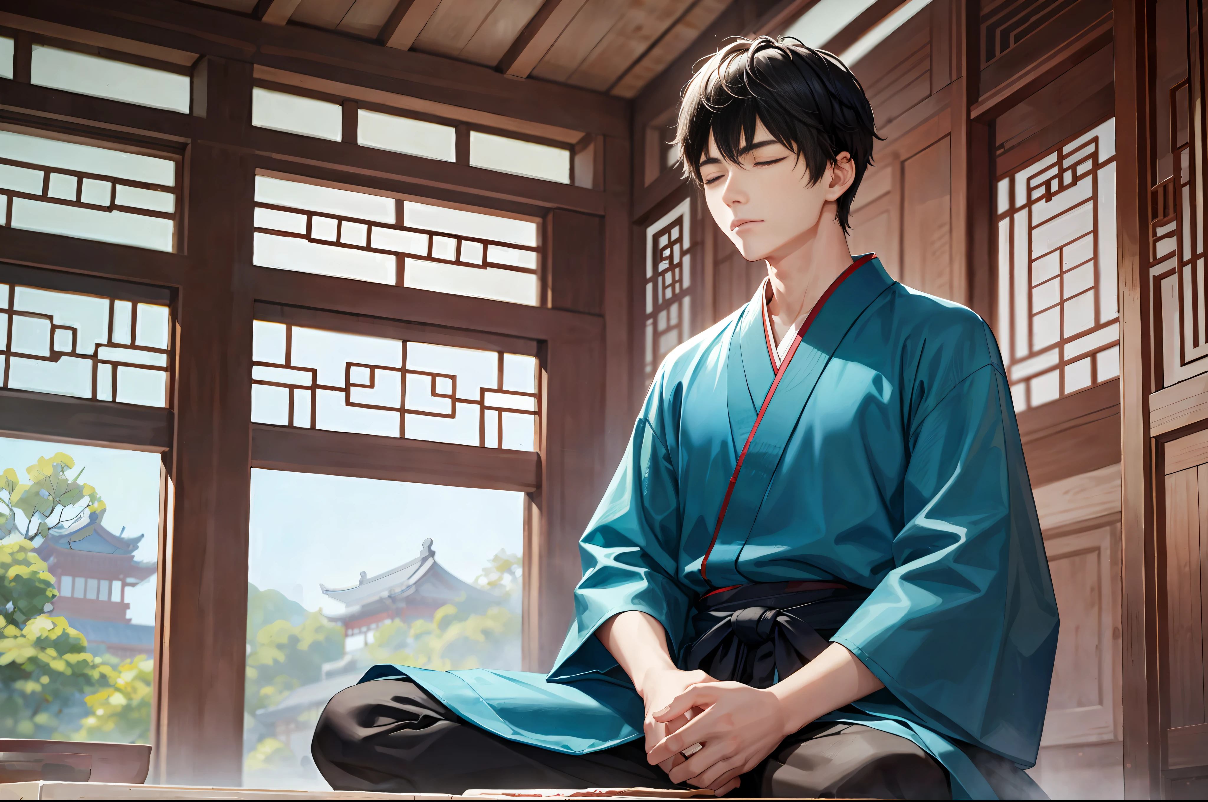 An 18-year-old boy with closed eyes, short black hair, cyan practice robe. Sitting in the house, detailed details, Chinese ancient style, Chinese martial arts style. Ultra-high resolution.