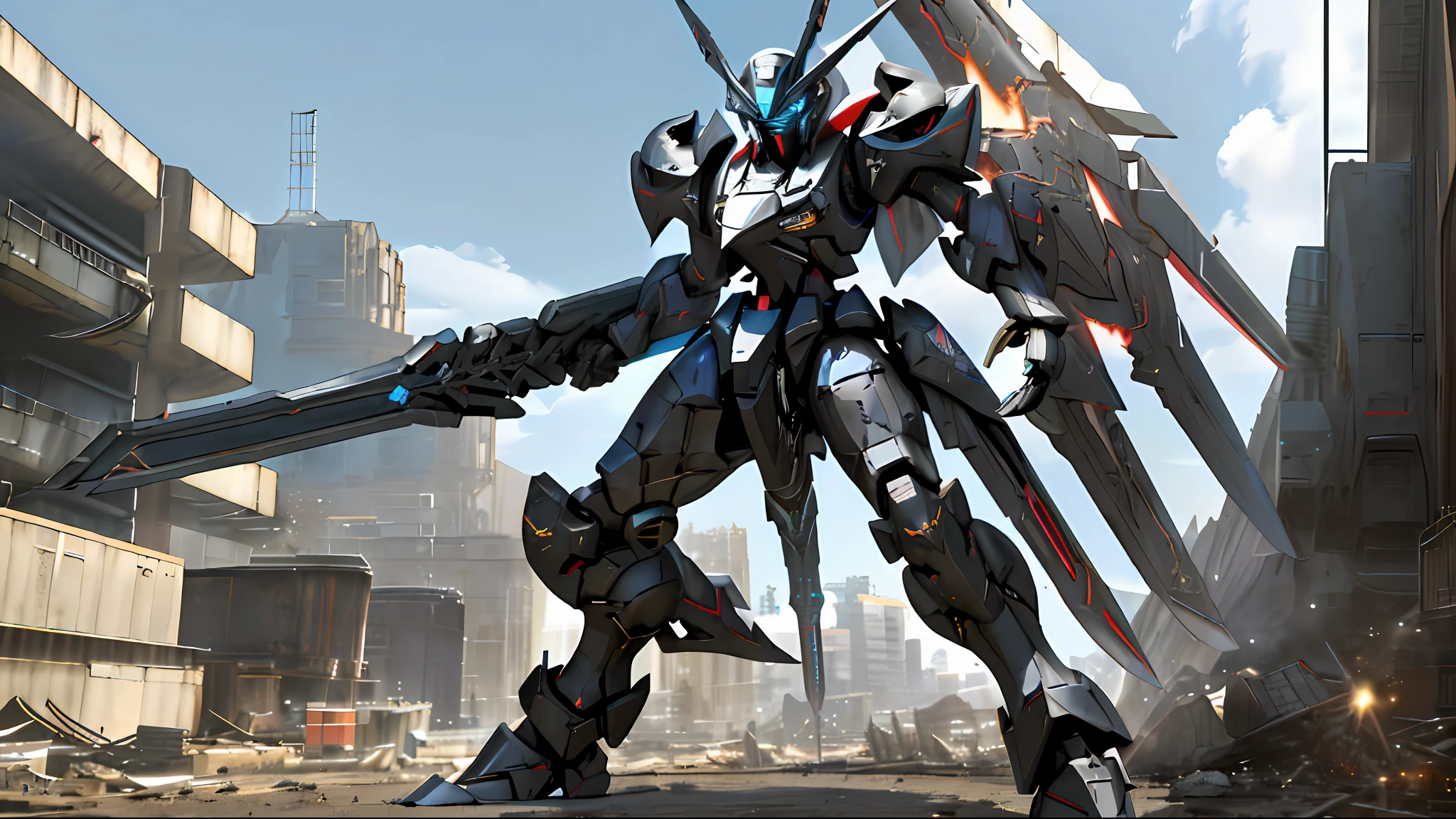 masterpiece, best quality, mecha, no humans, (full body), (black armor mecha:1.5), (Axisymmetric:1.4),(HDR), (cinematic light:1.1), blue eyes, science fiction, fire, laser canon beam, war, conflict, destroyed city background holding weapon,(holding huge weapon:1.5), holding Very large shield, mechagirl girl,