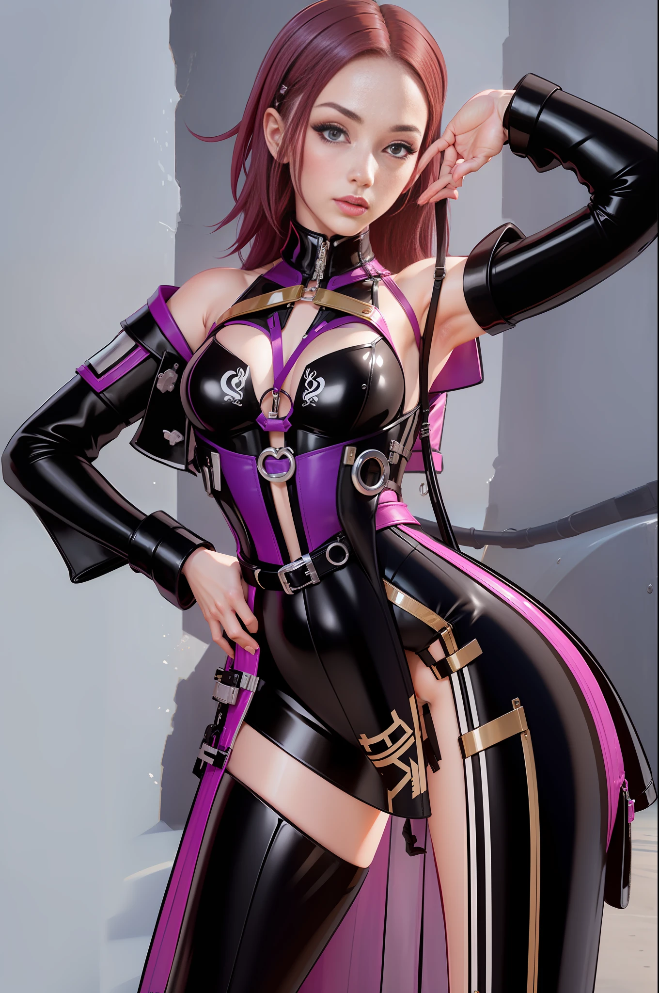 realistic beautiful girl wearing black latex catsuit, latex long glove, latex high heels, body harness, arms and leg cuffs, latex collar, latex corset, best quality, 8K UHD