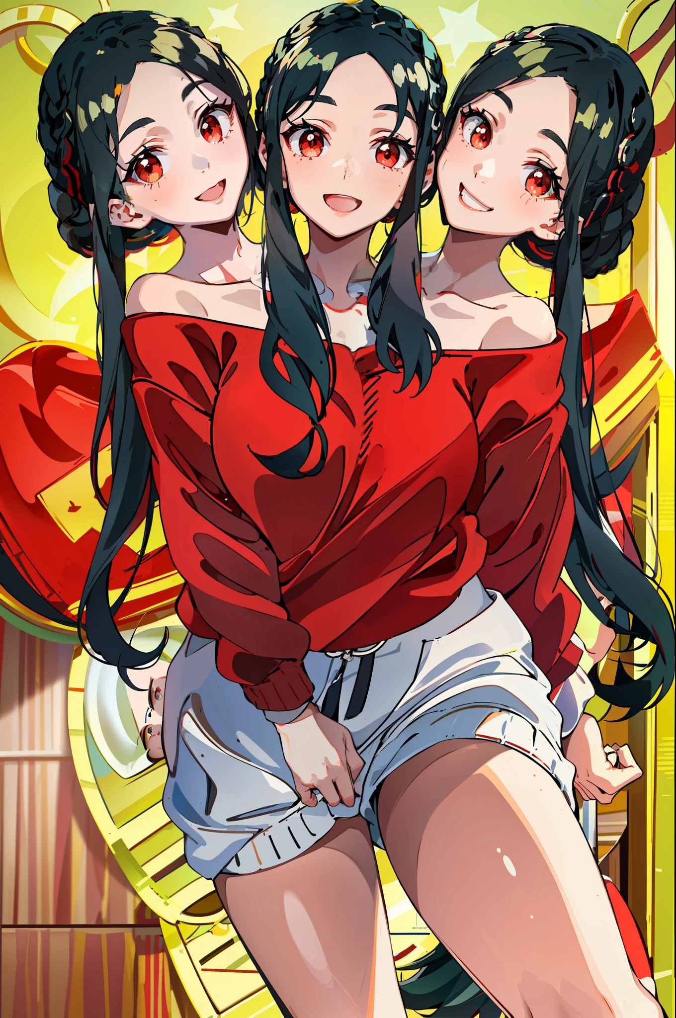 3heads, best quality, masterpiece
3 girls, black hair, identical hair color, red eyes, same eye color, smiling, necks side by side, three necks on shoulders, running, off-shoulder sweater, red sweater, sweatpants, outdoors
((three heads, 3head):1.5)