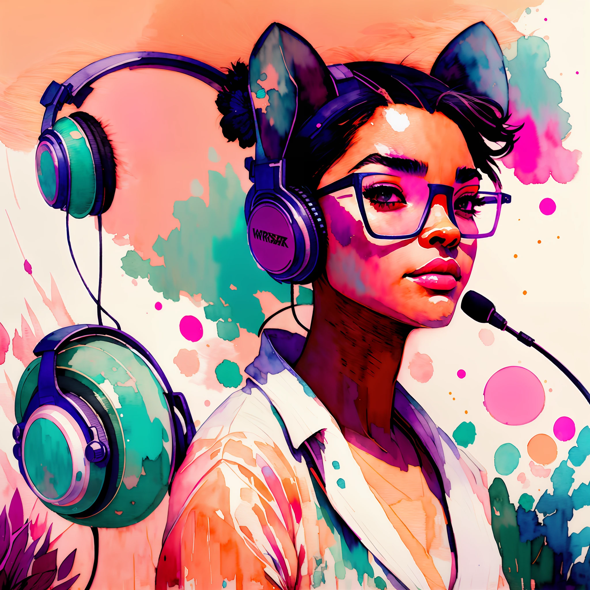 wtrcolor style, Digital art of (Retrowave bunny girl with glasses and headphone character design), official art, frontal, smiling, masterpiece, Beautiful, ((watercolor)), face paint, paint splatter, intricate details. Highly detailed, detailed eyes, [dripping:0.5], Trending on artstation, by Rachel Walker