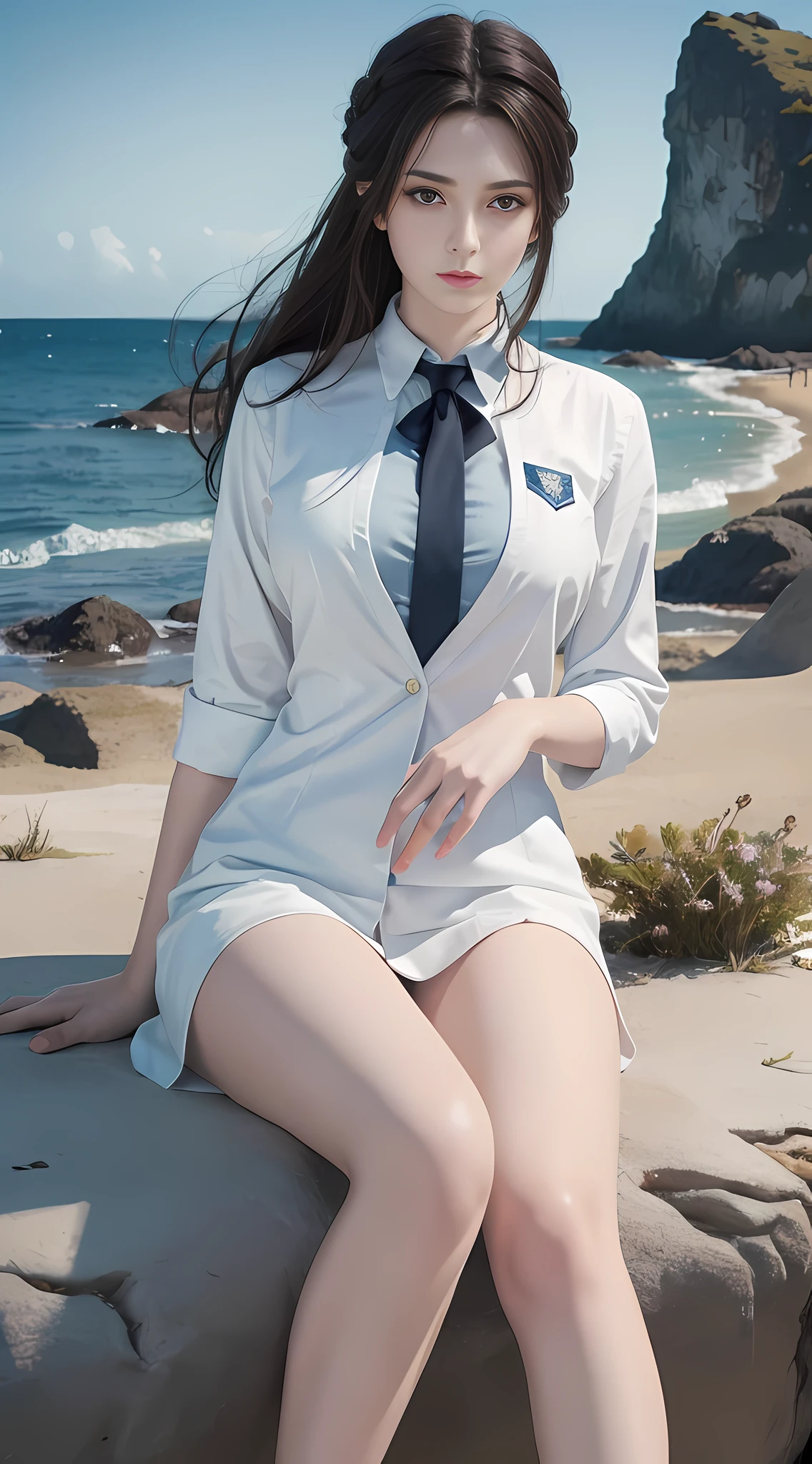 (1girl:1.3), Full Body, Solo, __Body Parts__ Realistic Skin, Pale Skin, Big, Official Art, Unified 8K Wallpaper, Ultra Detailed, Beautiful and Aesthetic, Beautiful, Masterpiece, Best Quality, On a Fantastic Seaside, Fantastic Atmosphere, Calm Color Palette, Peaceful Mood, Soft Shadows, Student Uniform, Glamour, Big, Perfect, Perfect, Perfect Face, Perfect Body, Night, Sexy Body