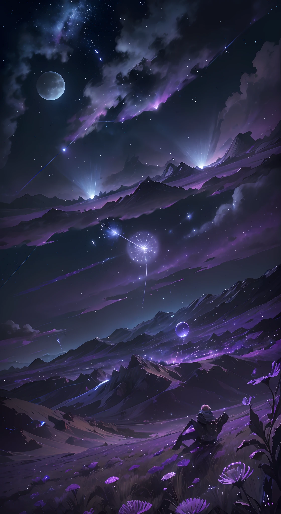 (Absurdres, Cinematic, UHD, higher, ultra detailed, ultra detailed), dark purple sky, nebula in the sky, 5 lattern in the sky, big moon in the sky, flying train, shooting star, dandelion field, mountain, boy looking at the sky, oil painting, detailed dandelion field, detailed flying train, detailed sky --auto --s2