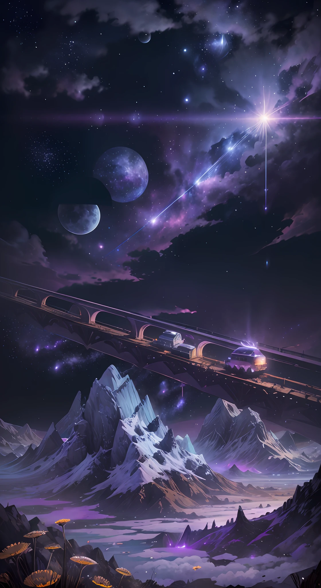 (Absurdres, Cinematic, UHD, higher, ultra detailed, ultra detailed), dark purple sky, nebula in the sky, 5 lattern in the sky, big moon in the sky, flying train, shooting star, dandelion field, mountain, boy looking at the sky, oil painting, detailed dandelion field, detailed flying train, detailed sky --auto --s2
