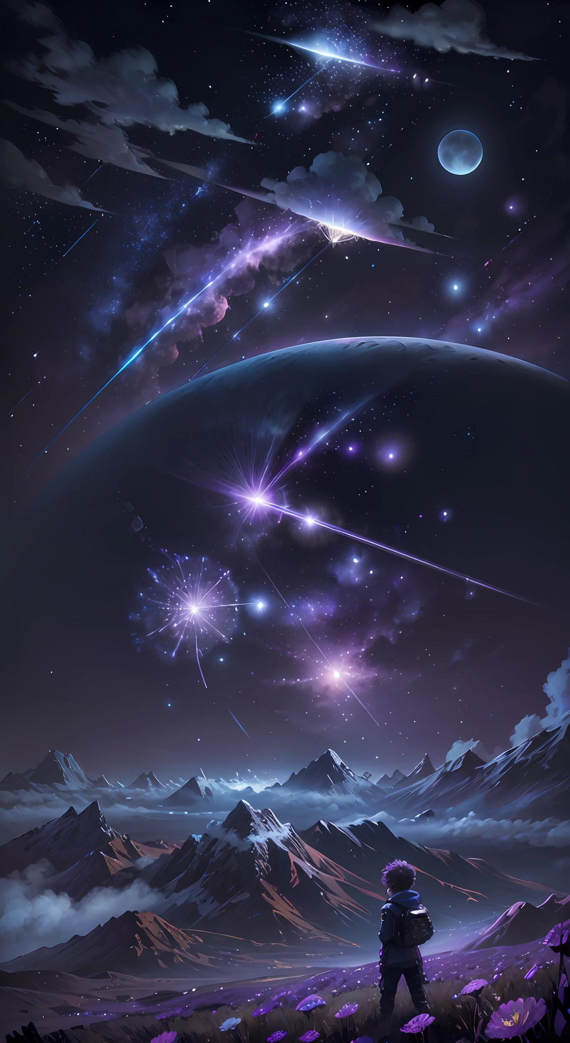 (Absurdres, Cinematic, UHD, higher, ultra detailed, ultra detailed), dark purple sky, nebula in the sky, 5 lattern in the sky, big moon in the sky, flying train, shooting star, dandelion field, mountain, boy looking at the sky, oil painting, detailed dandelion field, detailed flying train, detailed sky --auto --s2