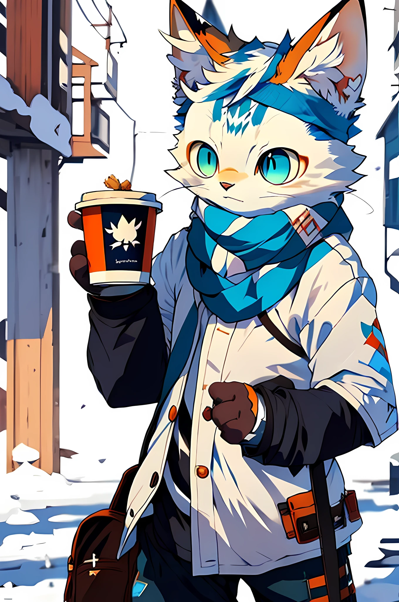 anime, a cat with blue eyes and a scarf holding a cup, popular on ArtStation Pixiv, digital art on Pixiv, Guweiz style artwork, pixiv, highest rated on pixiv, cute detailed digital art, from Arknights, clean detailed anime art, Guviz furry furry cute on Pixiv Artstation