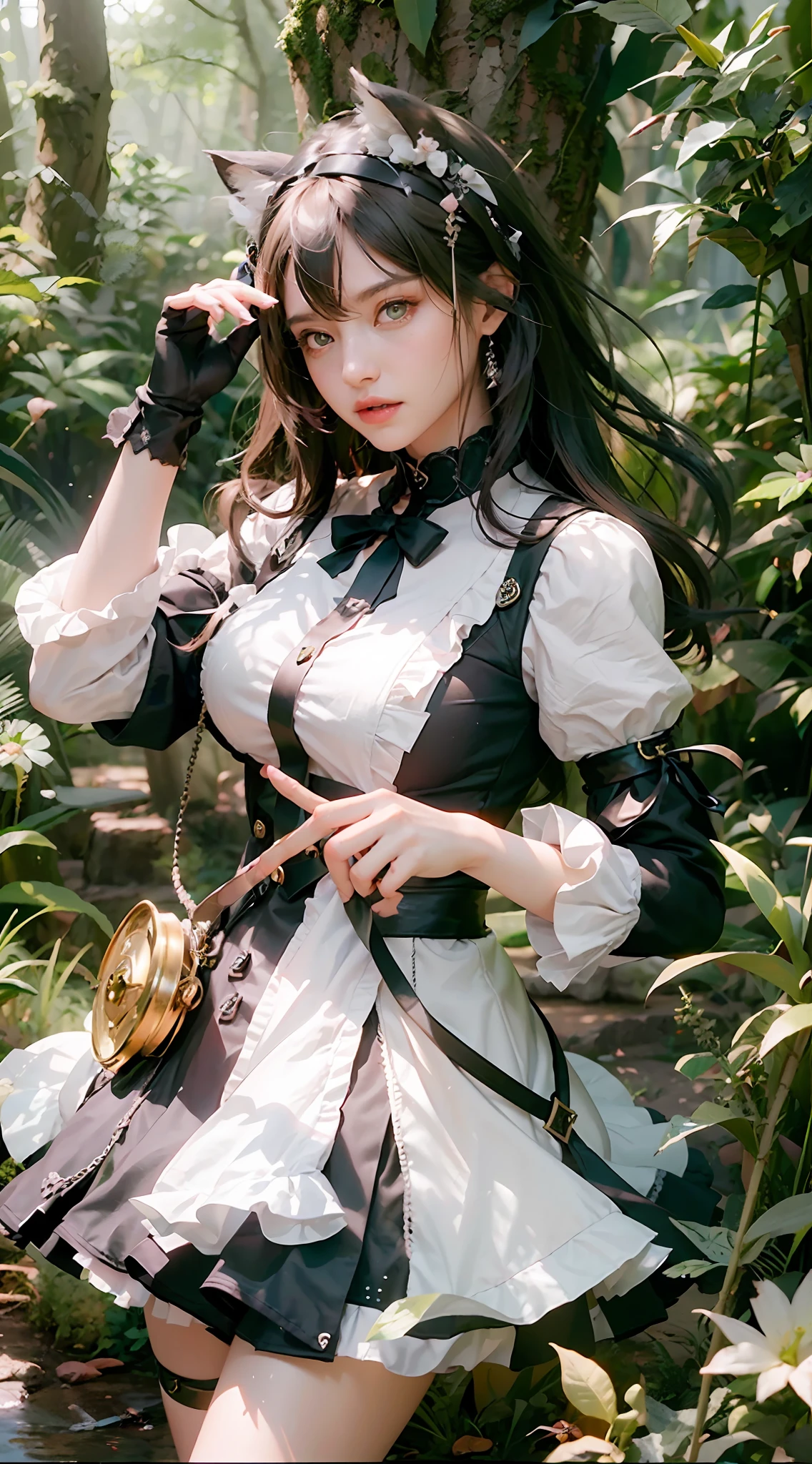 ((Best Quality)), ((Masterpiece)), (Details: 1.4), 3D, A Beautiful Fantasy Wind Catgirl Beauty, (Maid Outfit: 1.9), (Long Black Straight Hair: 1.7), (A Cat Ears: 1.6) (Green Pupil: 1.5), HDR (High Dynamic Range), Ray Tracing, NVIDIA RTX, Super-Resolution, Unreal 5, Subsurface Scattering, PBR Textures, Post-processing, Anisotropic Filtering, Depth of field, maximum sharpness and sharpness, multi-layered textures, albedo and specular mapping, surface shading, accurate simulation of light-material interactions, perfect proportions, Octane Render, two-color light, large aperture, low ISO, white balance, rule of thirds, 8K RAW,