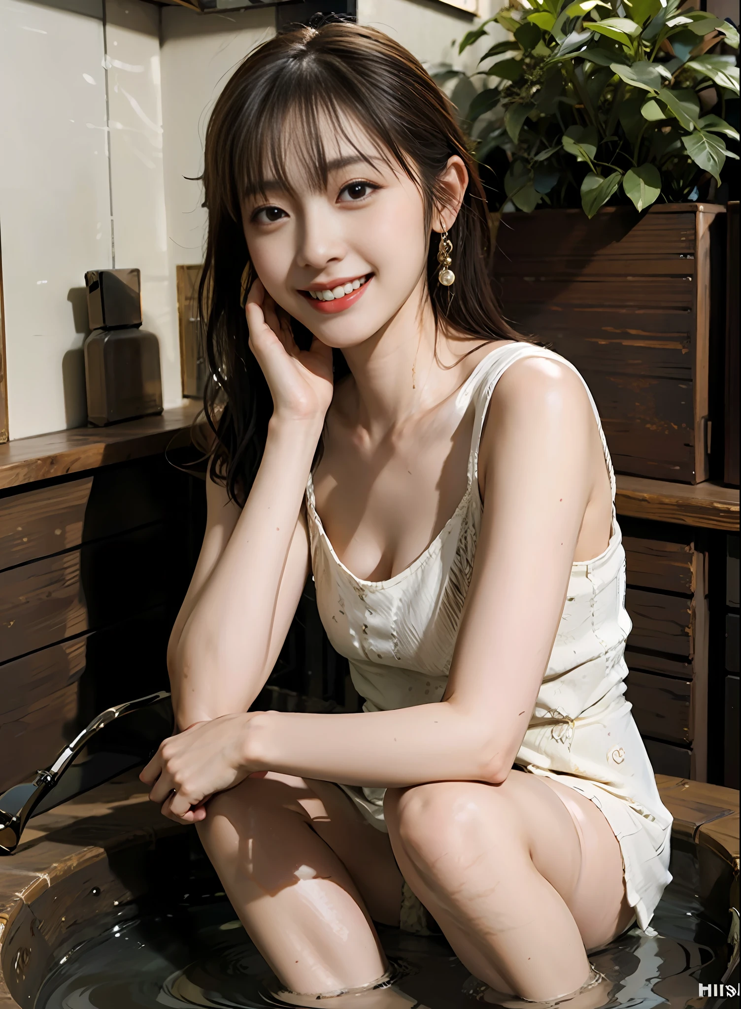 1girl, (Best quality, masterpiece, ultra high res, (photorealistic:1.4),highly detailed,professional lighting smile, pretty girl, beautiful smile), virtual YouTube, detailed skin texture, detailed cloth texture, beautifully detailed face, collarbone, (ULZZANG-6500-V1.1:0.4),in Tokyo, ((A luxurious soak in the hot spring)).Full body view.(Seen nipple head and camel toes)