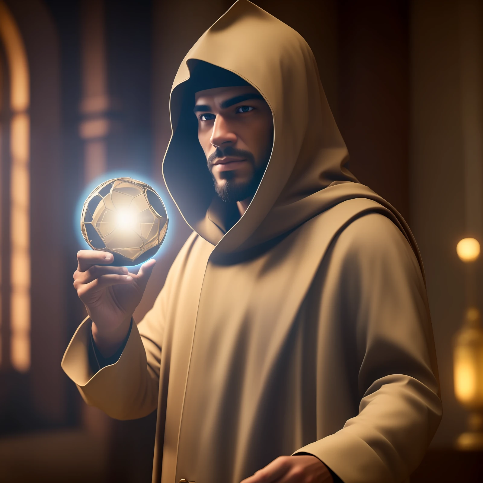 unparalleled masterpiece, 4k, (best quality:1.4), (highly detailed:1.4), detailed shadows, reine-second-outfit,realistic,unreal engine, cinematic lighting, UHD, super detail,realistic, mysterious man holding a light in his hands that represents the secret of the world in his hands, he has a mysterious physiognomy, he has part of his face covered so that his identity cannot be revealed