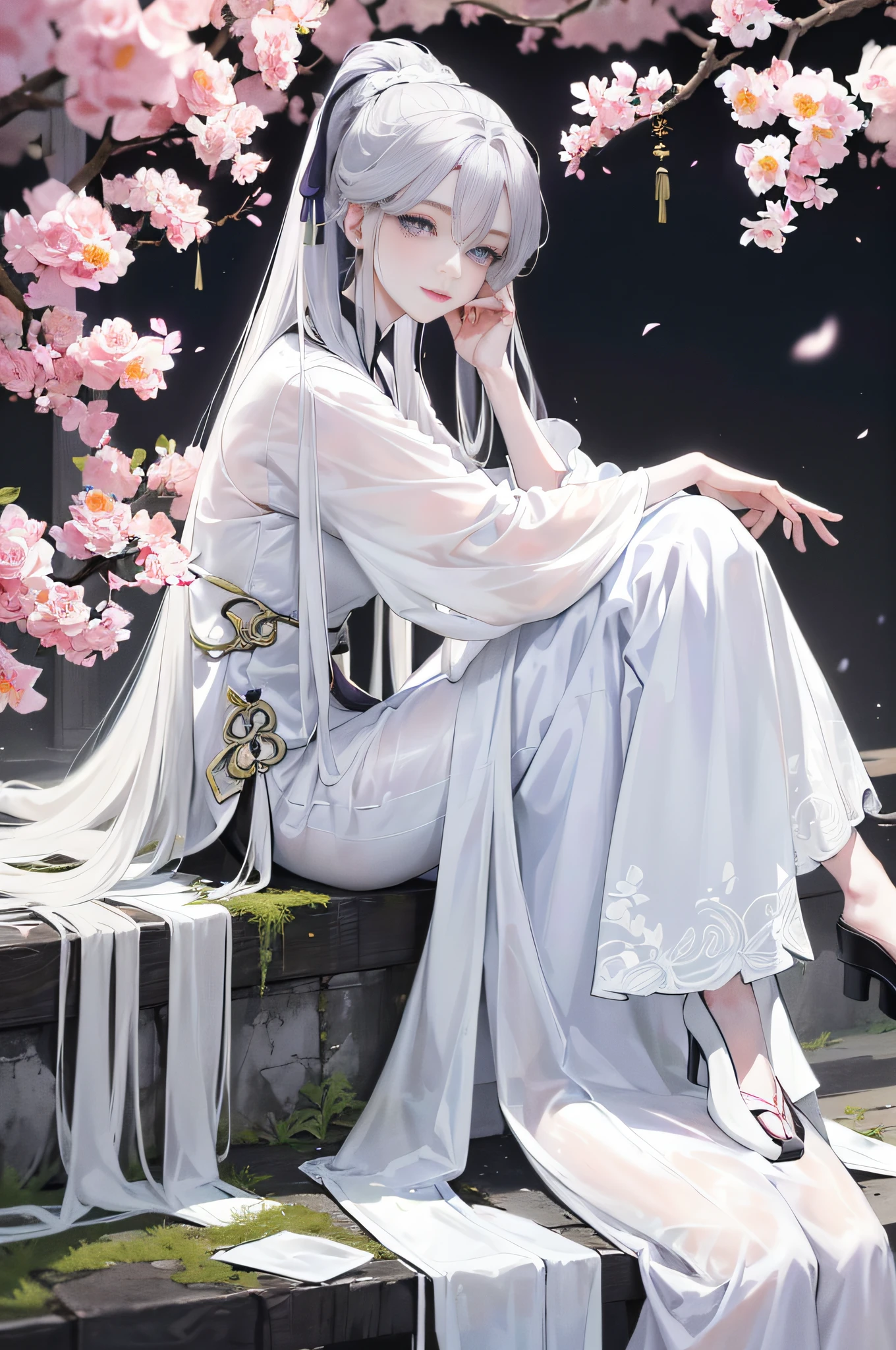 Masterpiece, Excellent, Daytime, Outdoor, Falling Flowers, Branches, Chinese Style, Ancient China, 1 Girl, Perfect Woman, Silver-White Long Haired Woman, Gray-blue Eyes, Pale Pink Lips, Cold, Serious, Bang, Purple Eyes, White Clothes, Black Clothing Lines, Delicate Face, Delicate Face, Sitting Legs, Smiling