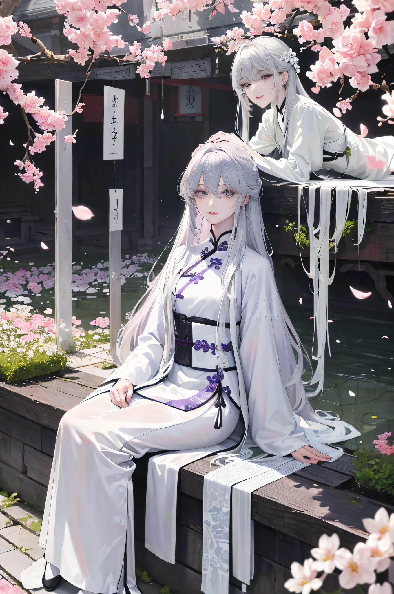 Masterpiece, Excellent, Daytime, Outdoor, Falling Flowers, Branches, Chinese Style, Ancient China, 1 Girl, Perfect Woman, Silver-White Long Haired Woman, Gray-blue Eyes, Pale Pink Lips, Cold, Serious, Bang, Purple Eyes, White Clothes, Black Clothing Lines, Delicate Face, Delicate Face, Sitting Legs, Smiling