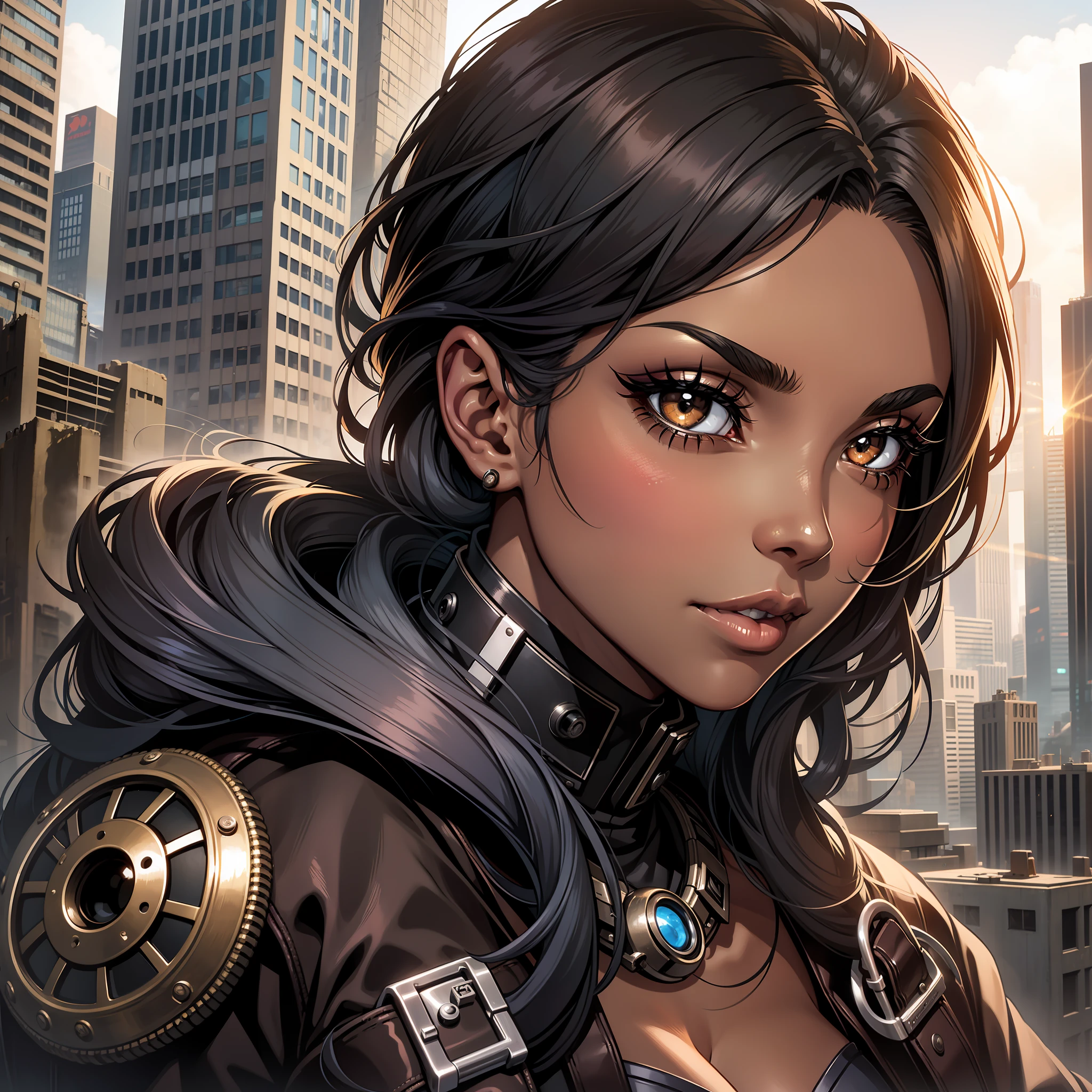 (a young woman:1.2)| (a girl:1.1), dark skin, portrait, makeup, super detailed, Dieselpunk style, city, straight look, contoured.