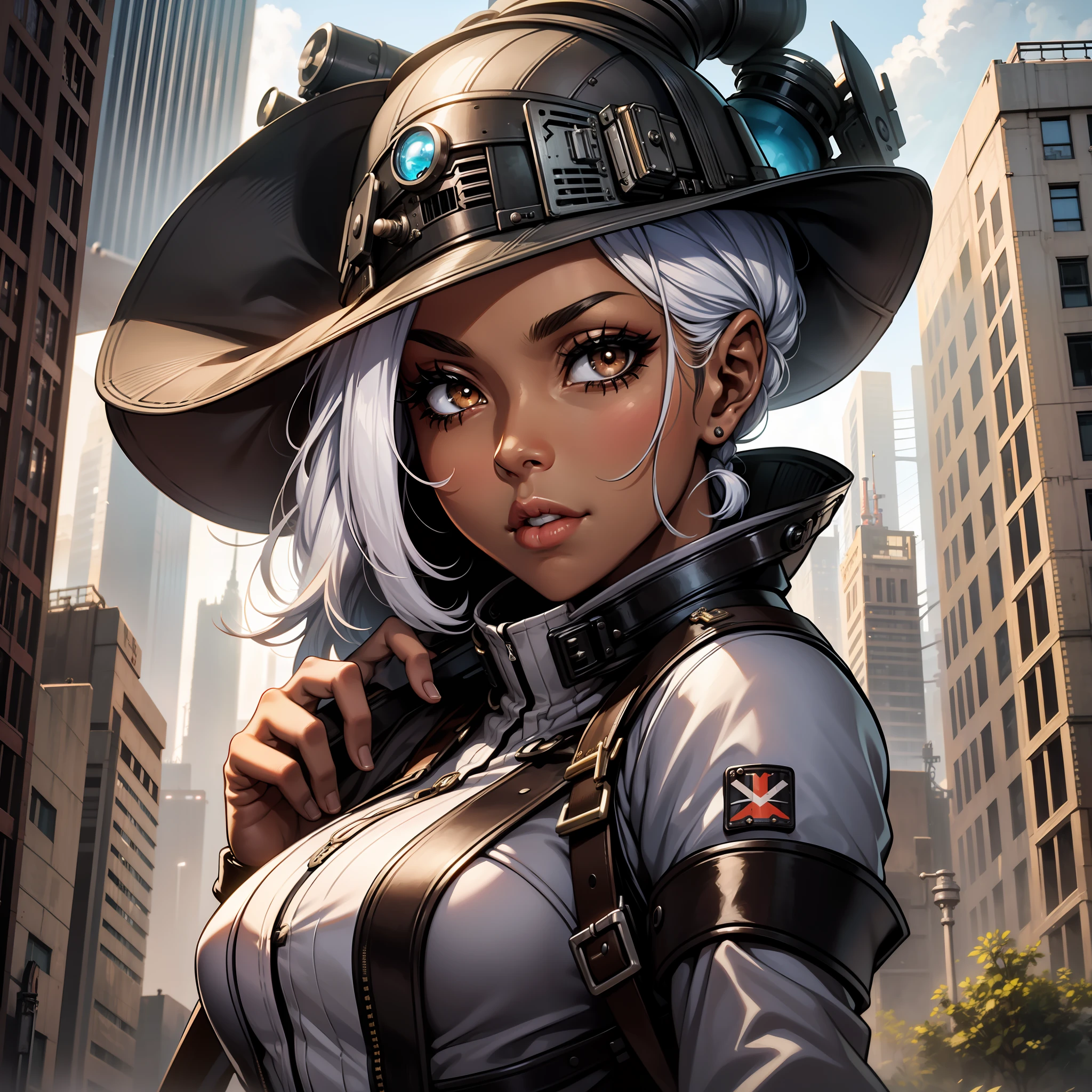 (a young woman:1.2)| (a girl:1.1), dark skin, portrait, makeup, super detailed, Dieselpunk style, city, straight look, contoured.