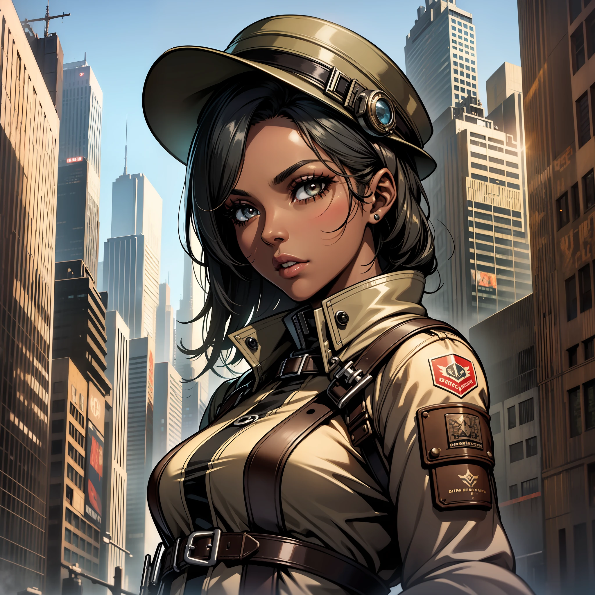 (a young woman:1.2)| (a girl:1.1), dark skin, portrait, makeup, super detailed, Dieselpunk style, city, straight look, contoured.