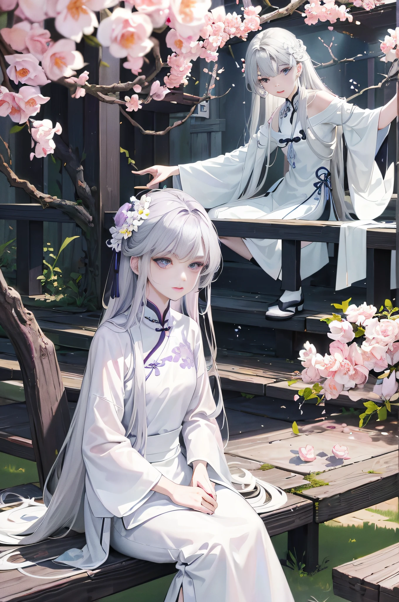 Masterpiece, Excellent, Daytime, Outdoor, Falling Flowers, Branches, Chinese Style, Ancient China, 1 Girl, Perfect Woman, Silver-White Long Haired Woman, Gray-blue Eyes, Pale Pink Lips, Cold, Serious, Bang, Purple Eyes, White Clothes, Black Clothing Lines, Delicate Face, Delicate Face, Sitting Legs, Smiling