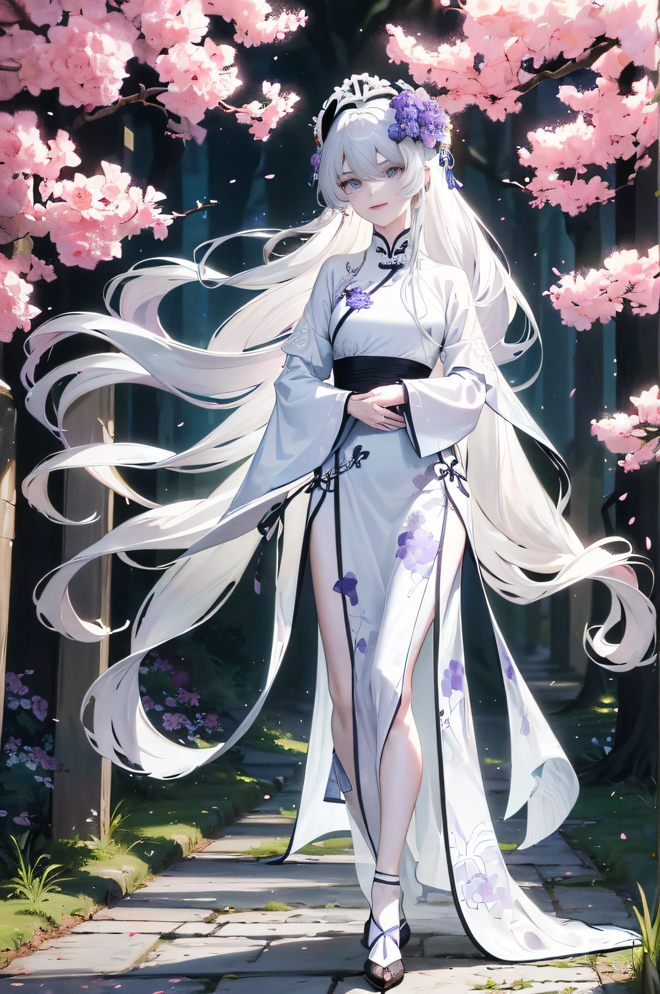 Masterpiece, Superb Product, Daytime, Outdoor, Falling Flowers, Branches, Chinese Style, Ancient China, 1 Girl, Perfect Woman, Silver and White Long Haired Woman, Gray Blue Eyes, Pale Pink Lips, Cold, Serious, Bang, Purple Eyes, White Clothes, Black Clothing Pattern, Delicate Face, Delicate Face, Standing, Legs, Smile
