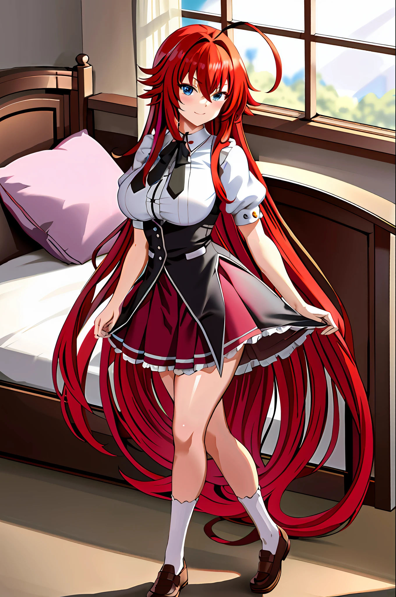 masterpiece, best quality, highres, best quality, highres, rias gremory, 1girl, long hair, maid dress, red hair, ahoge, blue eyes, large breasts, very long hair, breasts, skirt, huge ahoge, socks, standing, indoor, bed, pillow, window