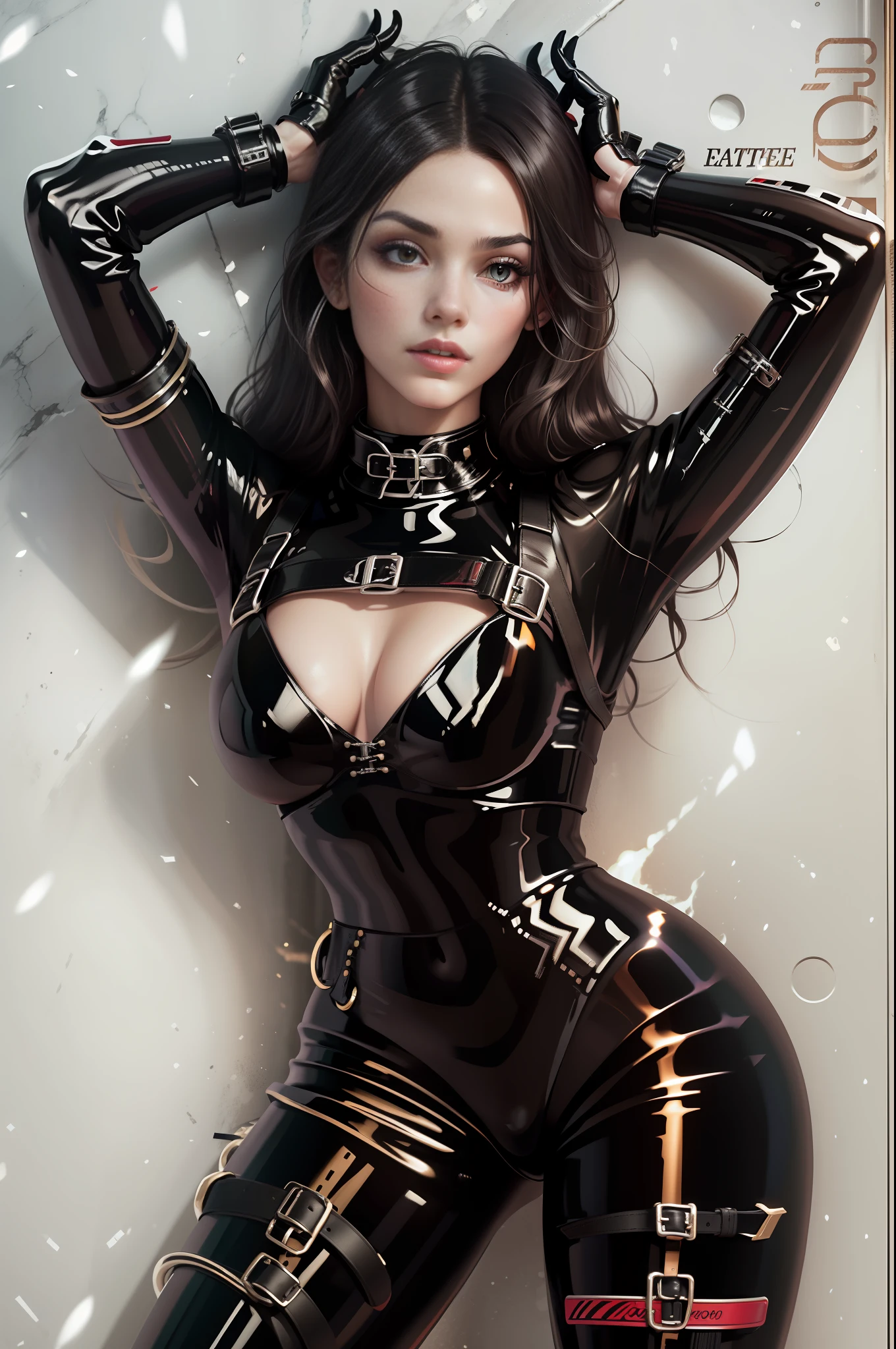 realistic beautiful girl wearing black latex catsuit, latex long glove, latex high heels, body harness, arms and leg cuffs, latex collar, latex corset, best quality, 8K UHD