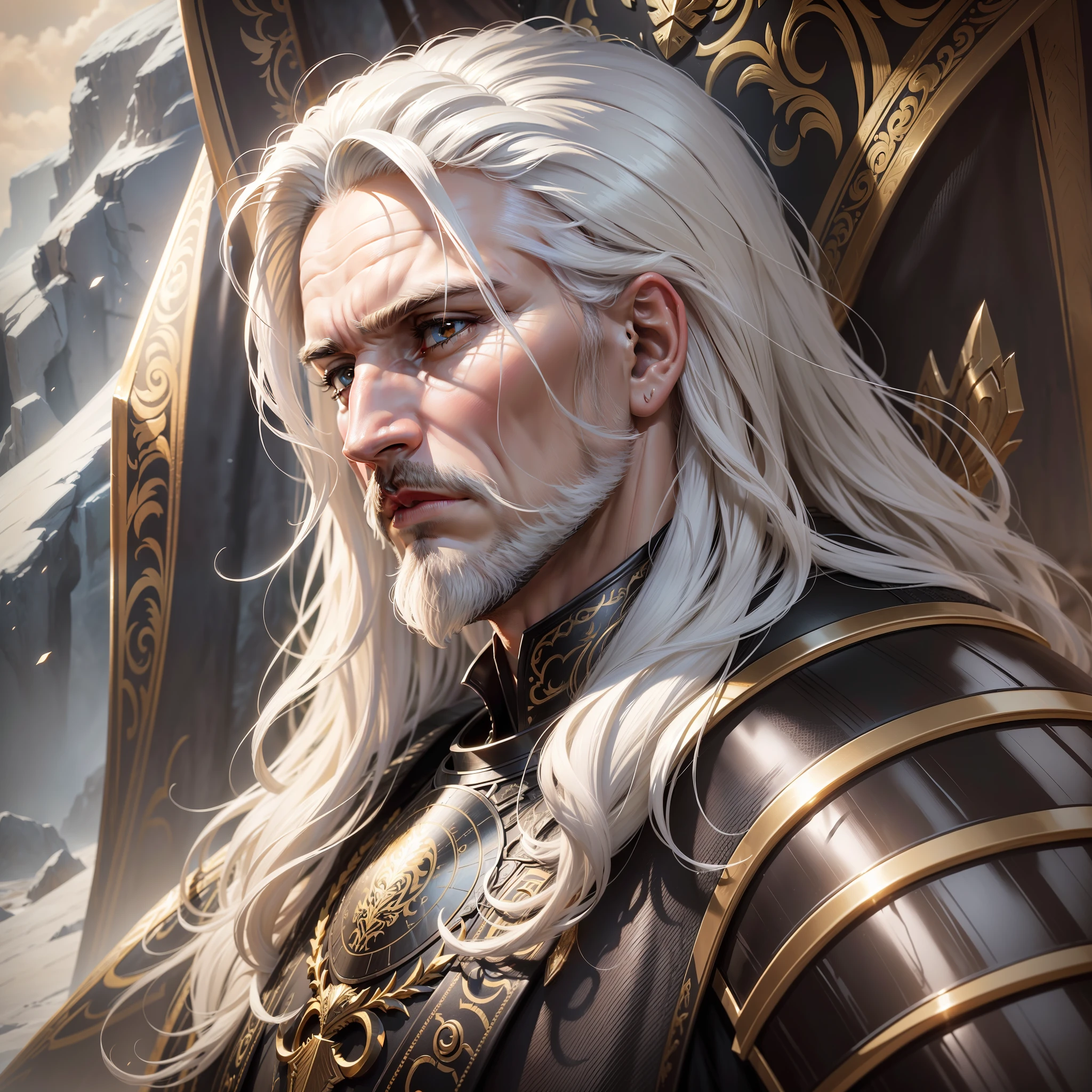 (extremely realistic, extremely detailed and high resolution), Elden Ring style artwork, (a male character of approximately 40 years old wearing black armor with golden detailing). Close-up portrait of a person with white hair and a short beard, whose brown eyes look calm as they gaze out over a natural landscape, conveying a sense of serenity. --auto --s2