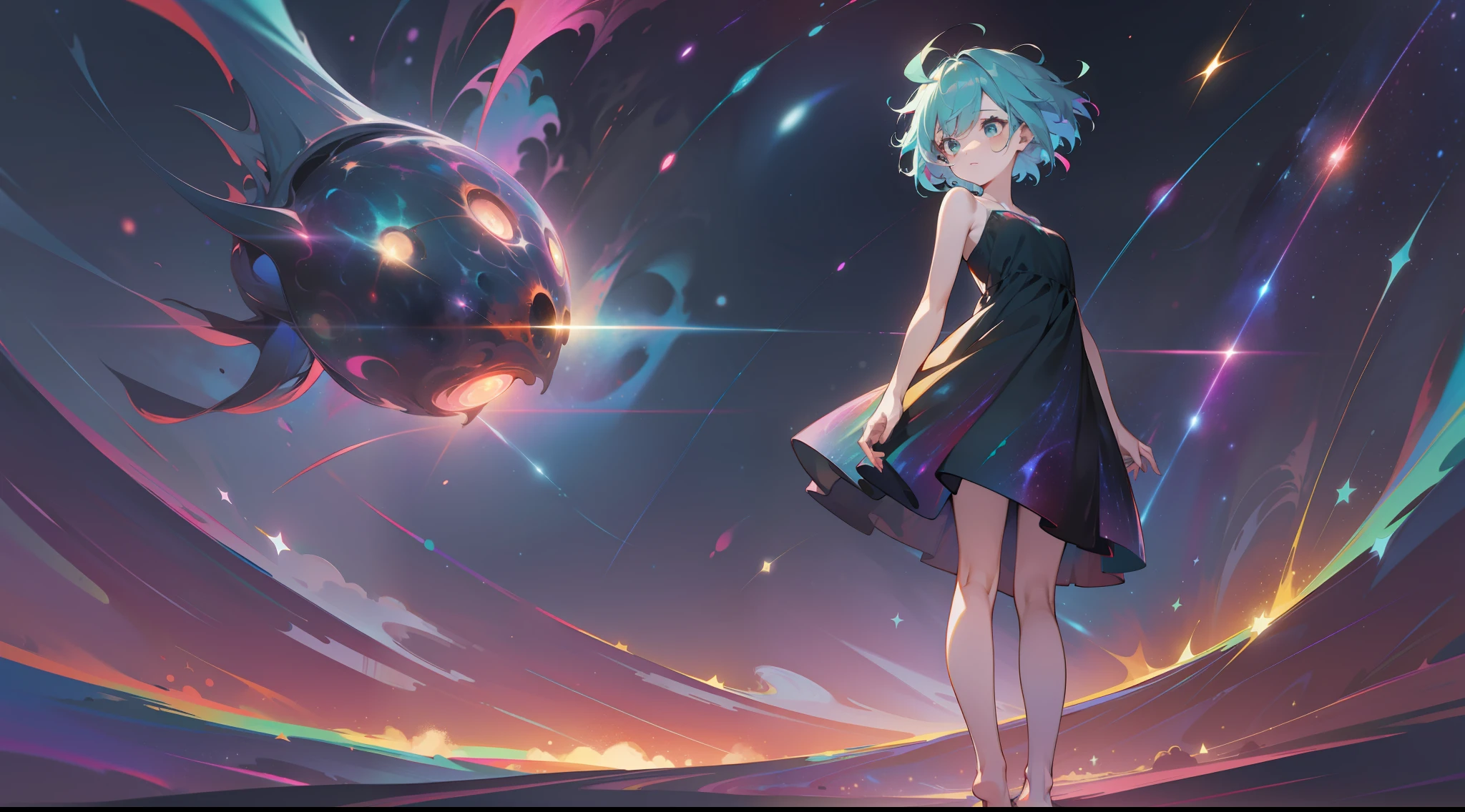 a girl, wildly rainbow colored short hair, dark fantasy, teal simple and short dress, barefoot, standing, cosmic nebula background, stars, galaxies