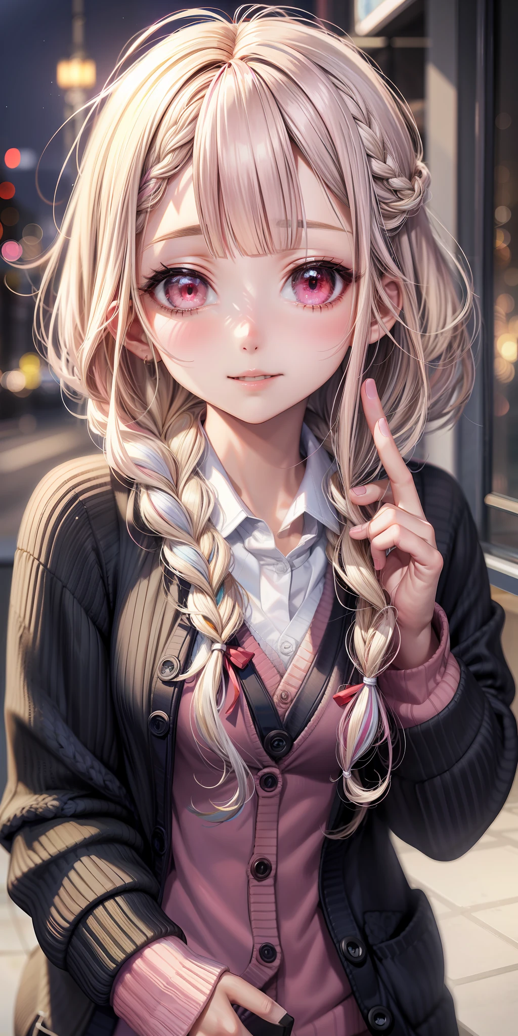 anime,animation,Medium hair, (single braid hair:1.3), beveled bangs, two-tone hair, blonde hair, pink hair, round face, red eyes, (drooping eyes),((tareme)), [black skin],light smile,((cute)),1 girl,solo,(cardigan:1.3)