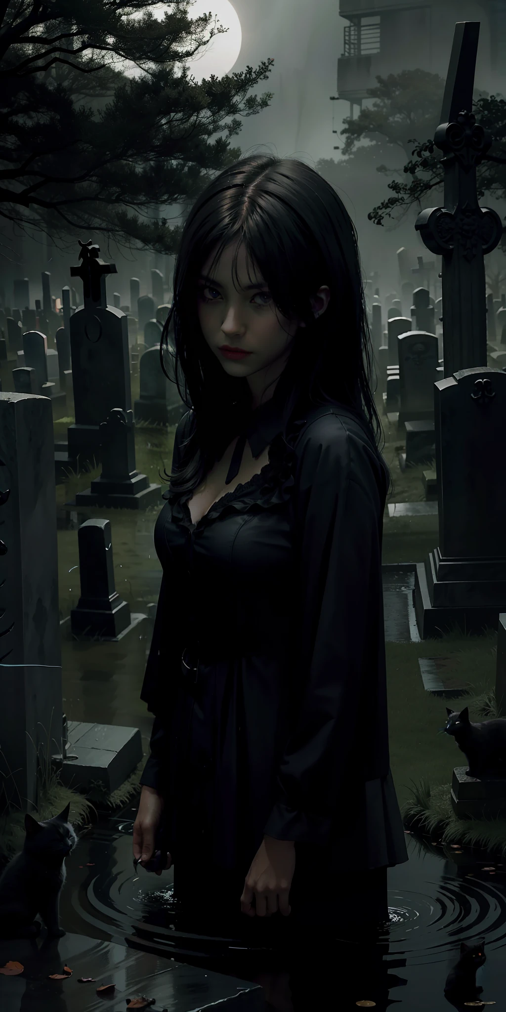 photorealistic, best quality, masterpiece, rainy graveyard, black cat dark theme, dim light, nether, chthonian, gloominess