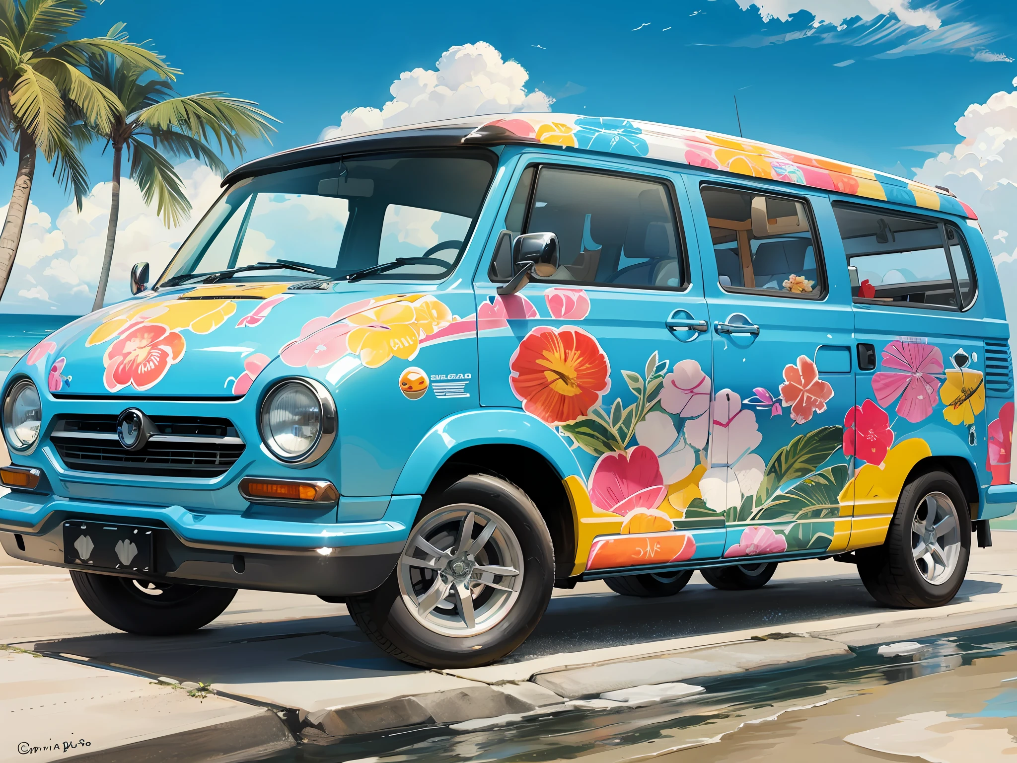 The Wagen van is driving on the beach of Waikiki, the car is mainly painted by Gardenia, and the entire side of the wagen van is painted in American pop art with graphic illustrations inspired by the Waikiki coast. Delicate Details, Detailed Background, Delicate Drawing, High Quality, High Quality, High Resolution, 8K, Masterpiece --auto --s2
