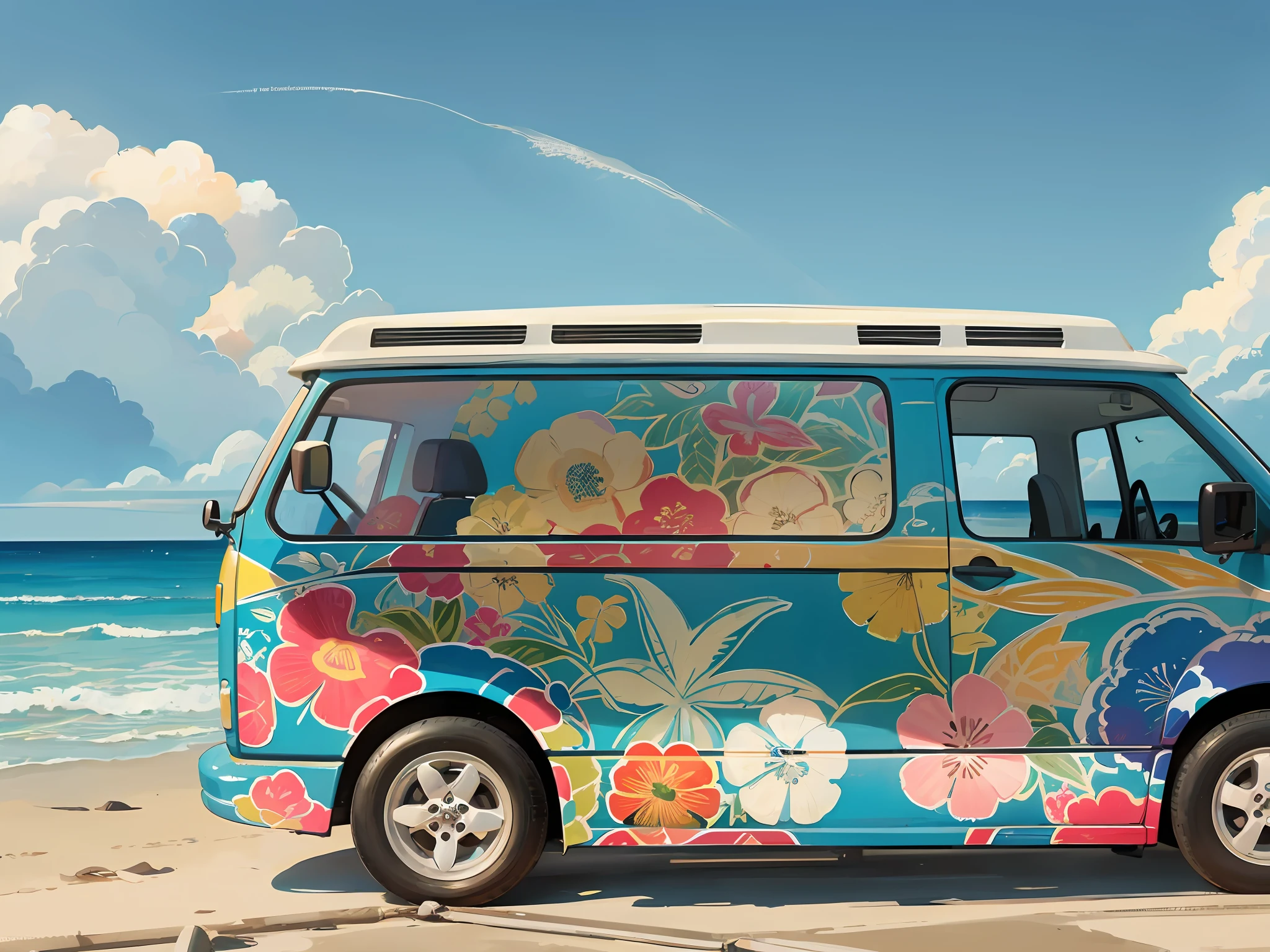 The Wagen van is driving on the beach of Waikiki, the car is mainly painted by Gardenia, and the entire side of the wagen van is painted in American pop art with graphic illustrations inspired by the Waikiki coast. Delicate Details, Detailed Background, Delicate Drawing, High Quality, High Quality, High Resolution, 8K, Masterpiece --auto --s2