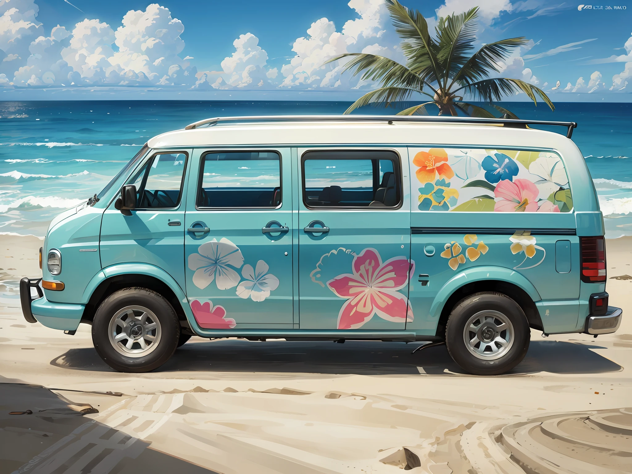 The Wagen van is driving on the beach of Waikiki, the car is mainly painted by Gardenia, and the entire side of the wagen van is painted in American pop art with graphic illustrations inspired by the Waikiki coast. Delicate Details, Detailed Background, Delicate Drawing, High Quality, High Quality, High Resolution, 8K, Masterpiece --auto --s2