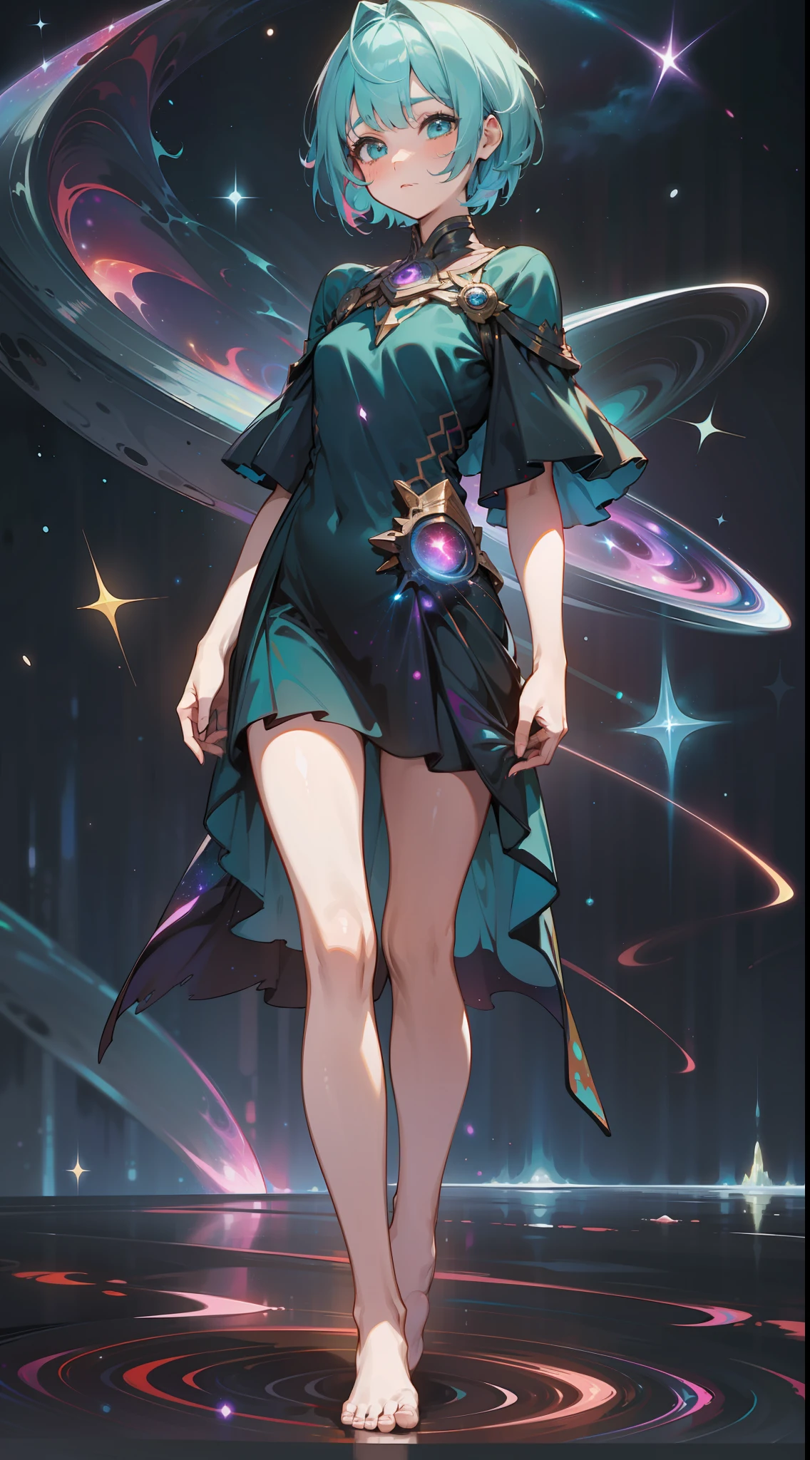 a girl, wildly colored short hair, dark fantasy, teal simple and short dress, barefoot, standing, cosmic nebula background, stars, galaxies
