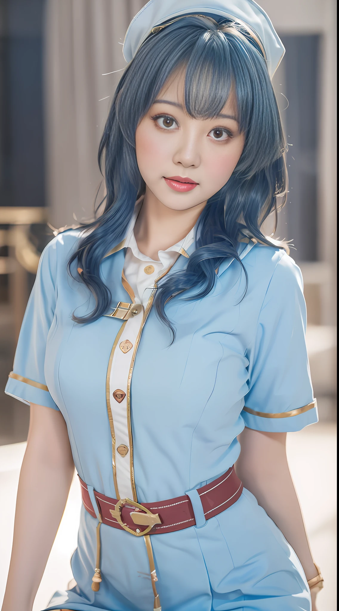 The painting style is soft, childish and cute, rich ancient style, flowing and moving, fleshy and full, girly heart, sweet and lovely, flight attendant uniform, simple atmosphere, loose and comfortable, light blue tone, bright and soft lighting. The figure is fat